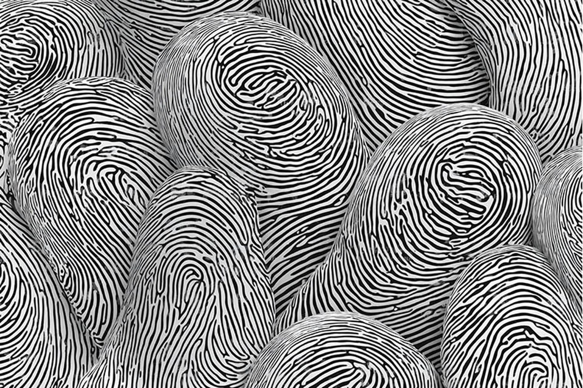 A detailed close up of multiple fingerprints in black and white
