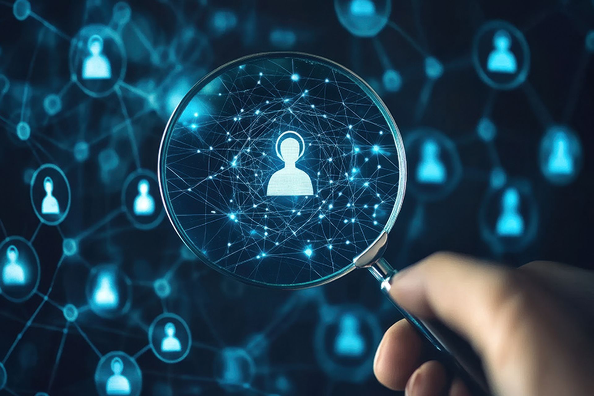 Person use magnifying glass focus to identity verification system for Increase financial security and access personal financial data. Biometrics security
