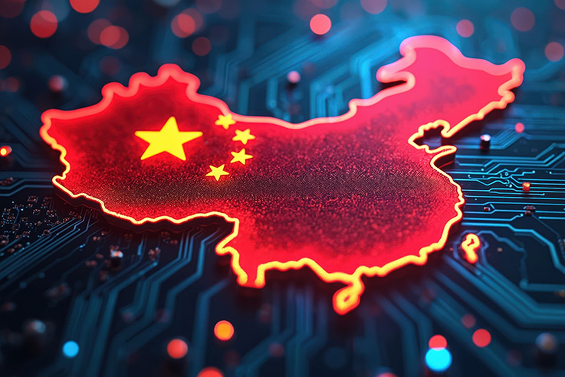 China map outline, flag colors red, yellow glowing. Futuristic circuit board digital technology backdrop. High-tech data streams, innovation, modern design, connectivity global network.