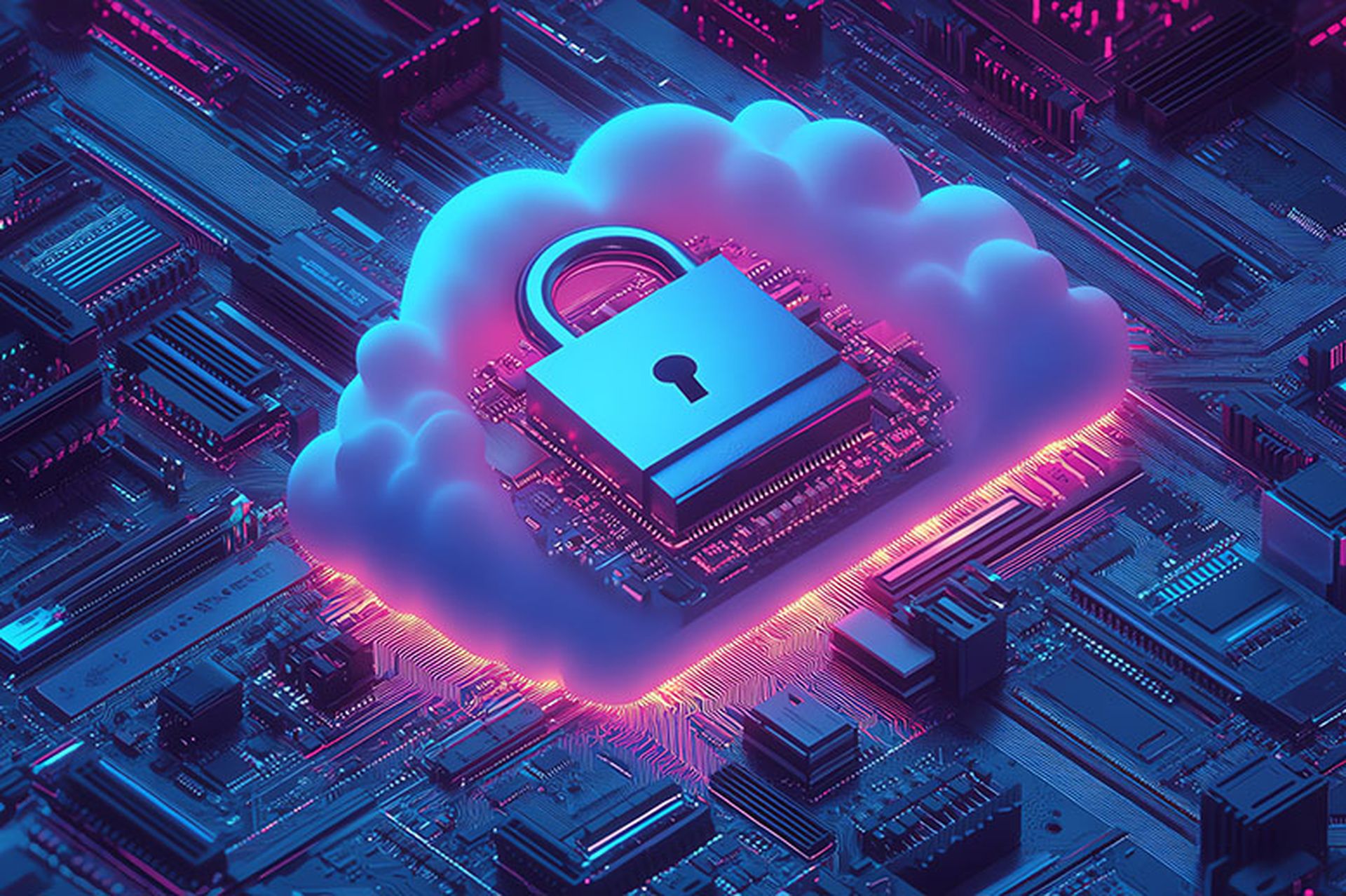 Illustration of a padlock on a cloud with a computer motherboard, symbolizing internet security, cloud computing data protection, digital privacy, and technology