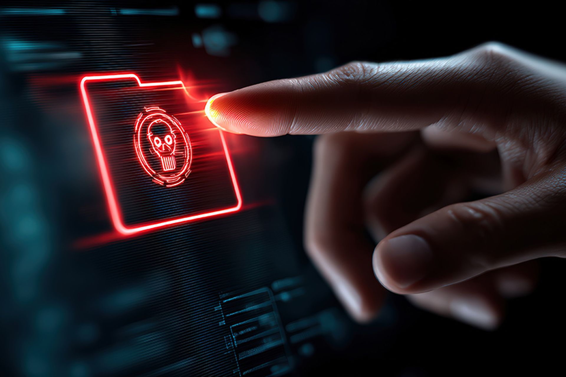 Cyber threat conceptual visualization of a digital folder with a skull icon representing a computer virus on a digital screen