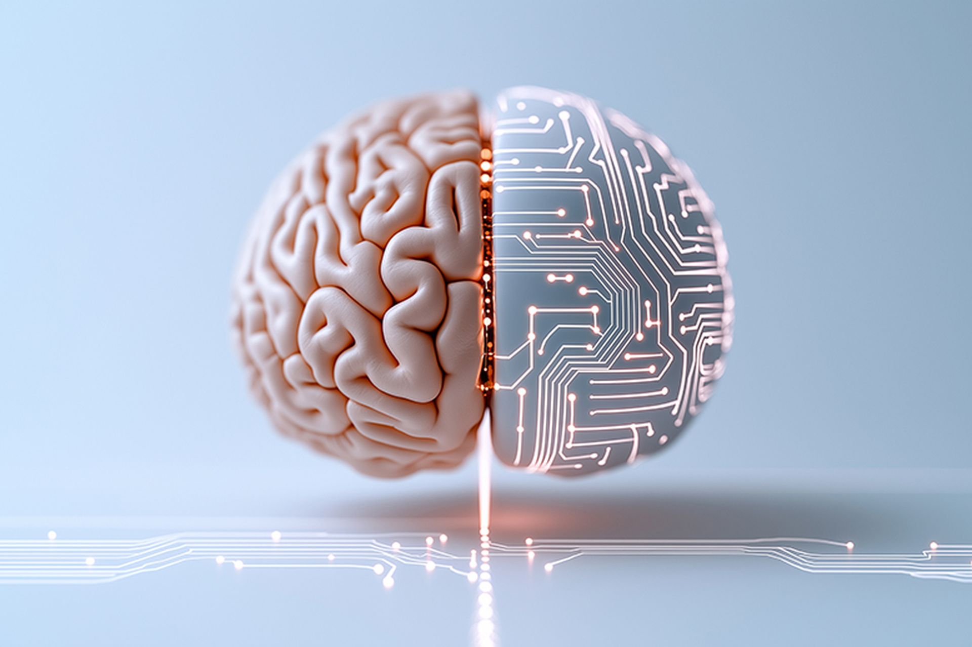 Half human brain and half digital circuit brain symbolizing the fusion of biology and artificial intelligence.