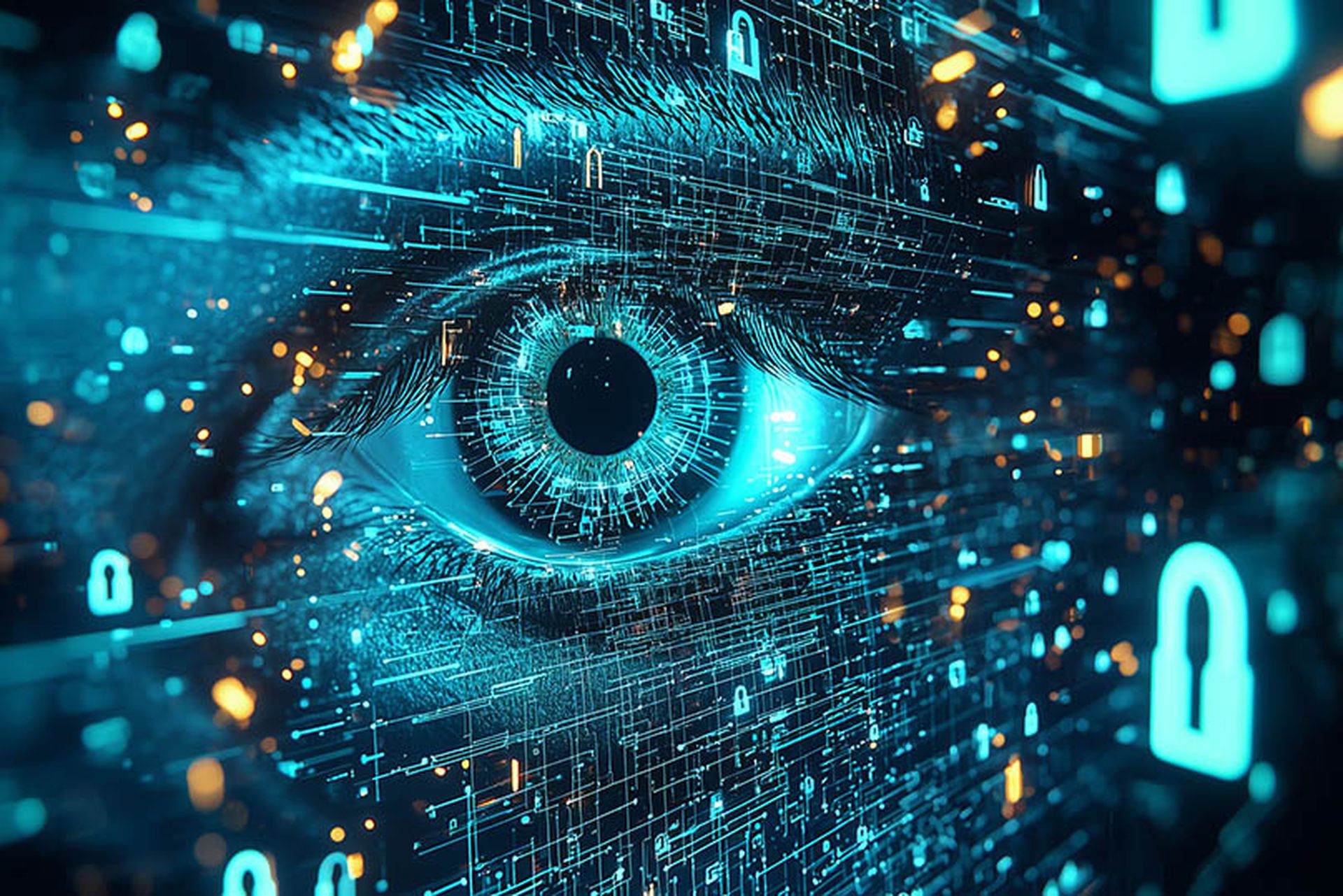 A stylized digital eye embedded in a binary code matrix, representing digital surveillance, data privacy concerns, and AI monitoring in the cyber world.