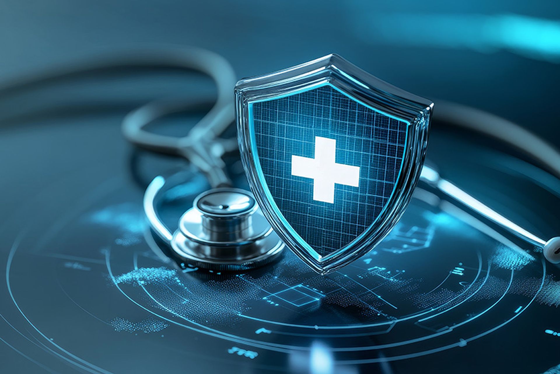 A digital shield with a medical cross symbol sits on a stethoscope, representing the importance of protecting patient data and ensuring secure healthcare practices.