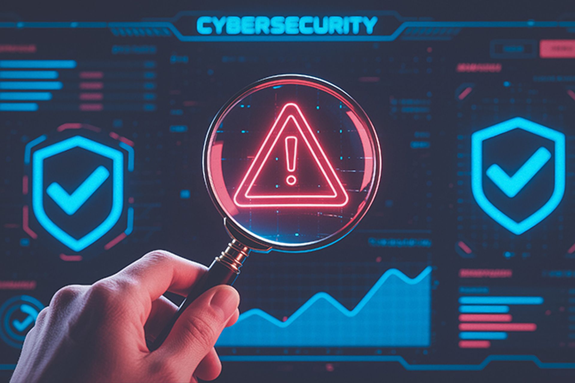 A person's hand holds a magnifying glass over an alert symbol on a cybersecurity interface. The image suggests security issues and vigilance.