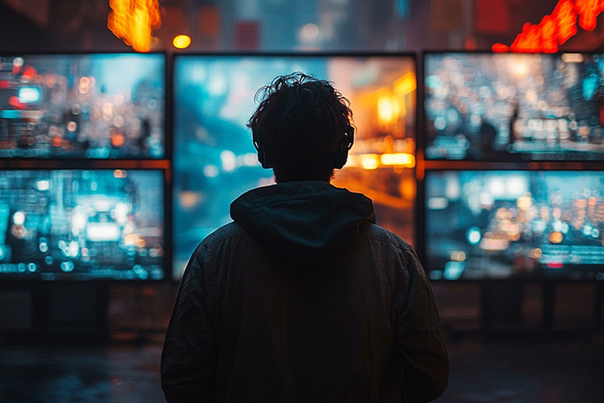 A hacktivist in front of several screens showing the results of their attack in support of equal rights.