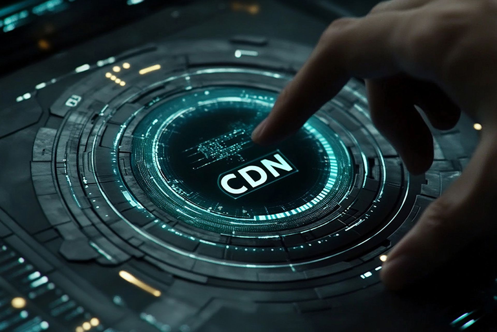 Cloud Computing Person touching interactive Touch Screen Display with Premium High quality icon set, featuring "CDN" as a premium icon, a model interacting in a virtual setup