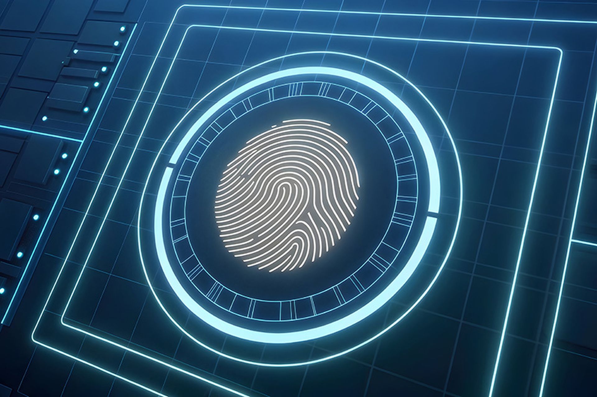 A glowing white fingerprint is centered within a circular blue light interface on a dark digital grid background with neon blue lines.