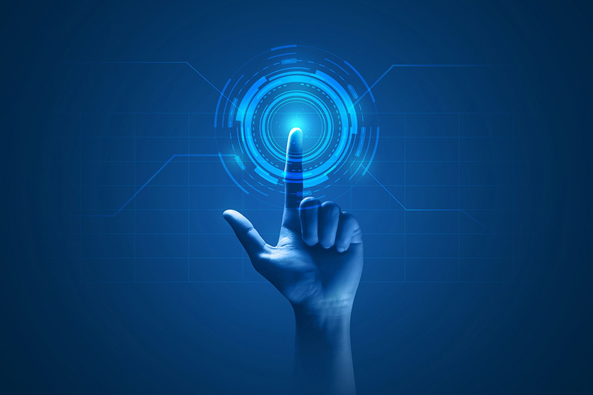 Hand touch digital hud interface futuristic technology background of virtual computer screen display ui future concept or cyber communication hologram and innovation internet system on vr cyberspace.