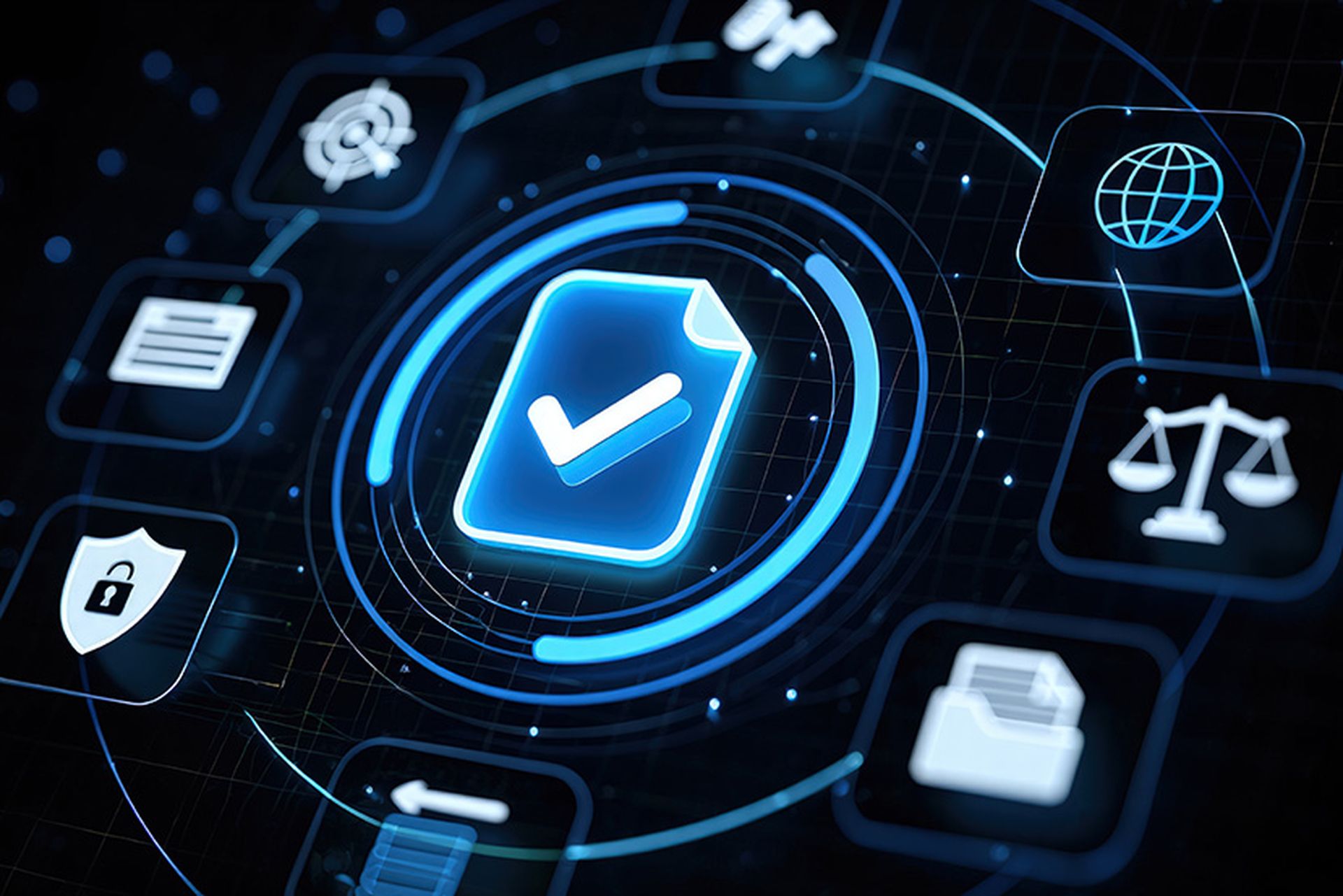 Digital compliance and data security concept with a holographic document surrounded by legal and regulatory icons, protected by hands in a dark background.