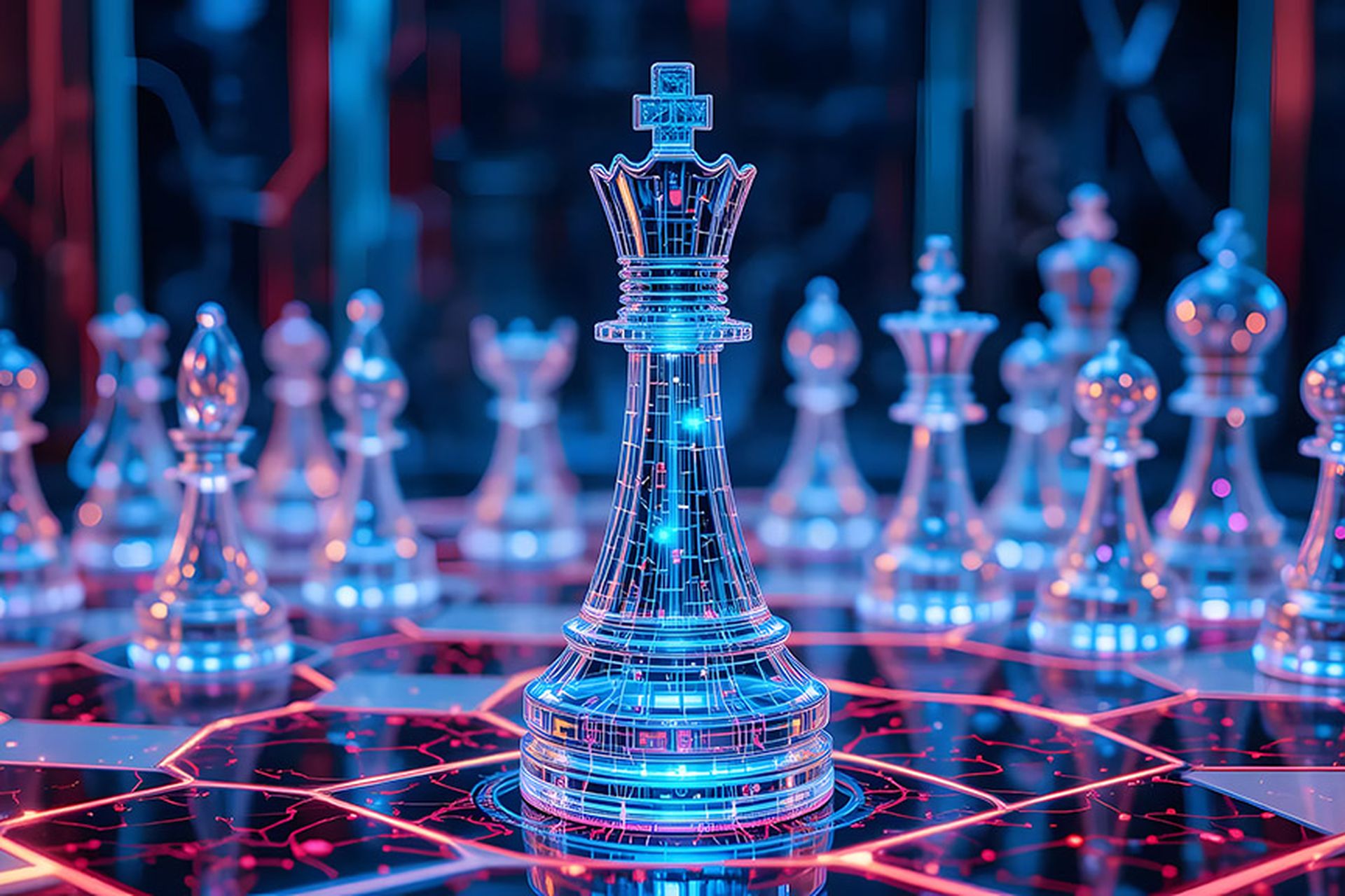 A futuristic chess game with transparent, glowing chess pieces on a neon-lit board. The king piece stands out, symbolizing strategy, intelligence, and technological advancement in the digital age. Perfect for illustrating business, technology, and innovation concepts.