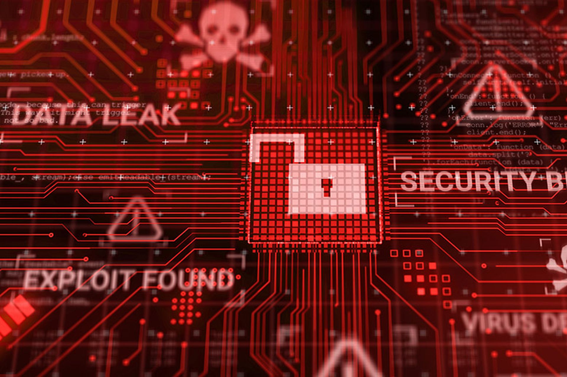 Hacker attack computer hardware microchip while process data through internet network, 3d rendering insecure Cyber Security exploit database breach concept, virus malware unlock warning screen