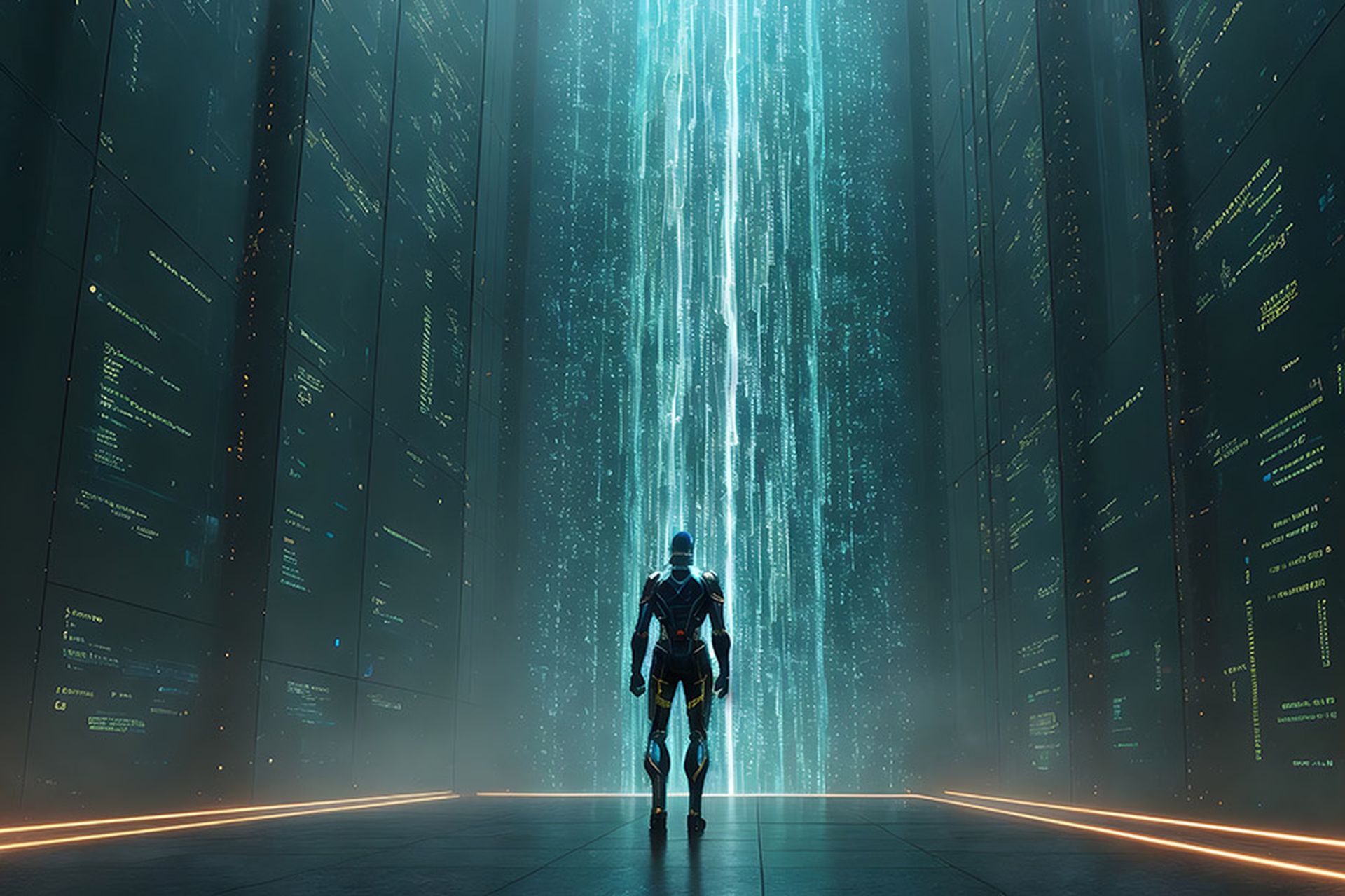 AI Guardian Standing at the Gateway of a Massive Data Vault, Featureless Face Displaying Flowing Streams of Code, Protecting the Digital Realm from Unauthorized Access with Advanced Security Layers.