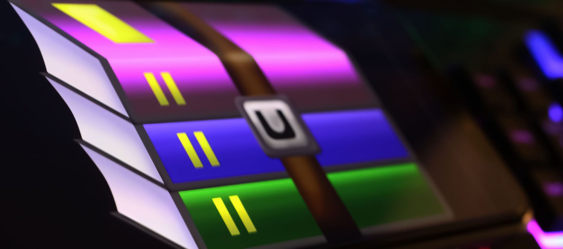 Viersen, Germany &#8211; March 1. 2024: Closeup of smartphone screen with logo lettering of Winrar zip file achiever on computer keyboard