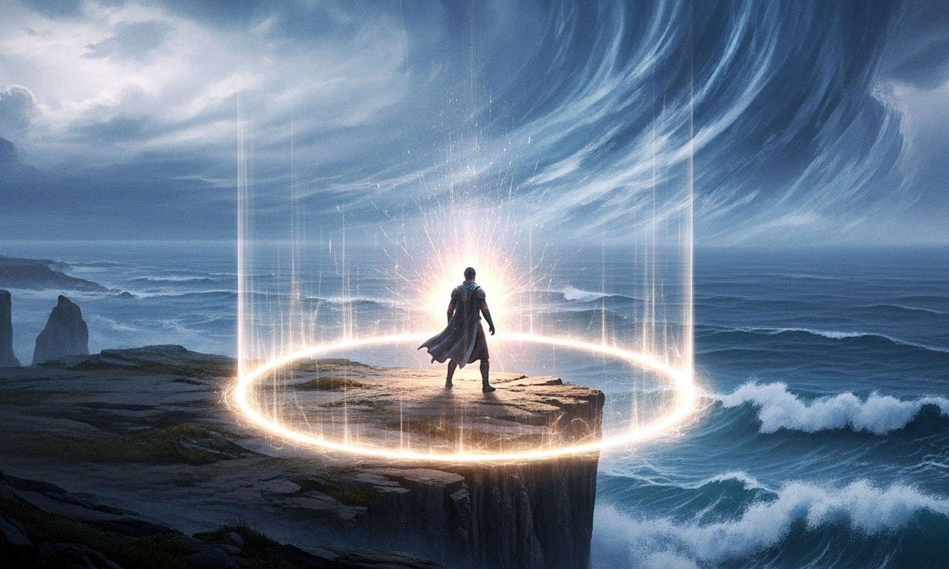 Caped figure on a rocky cliff overlooks a stormy sea as a ring of light spreads out around him.