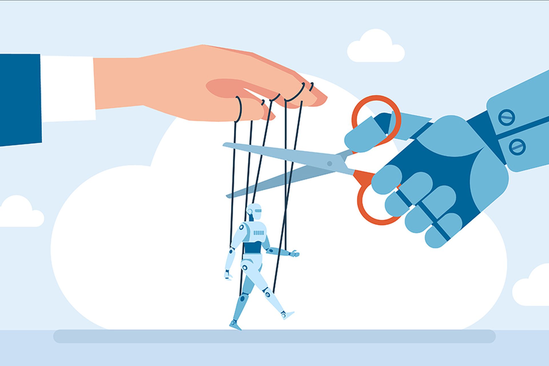 The robot is out of control. AI controls itself. Loss of influence on AI. Human hand manipulating robot puppet. Freedom concept. Artificial Intelligence technology.