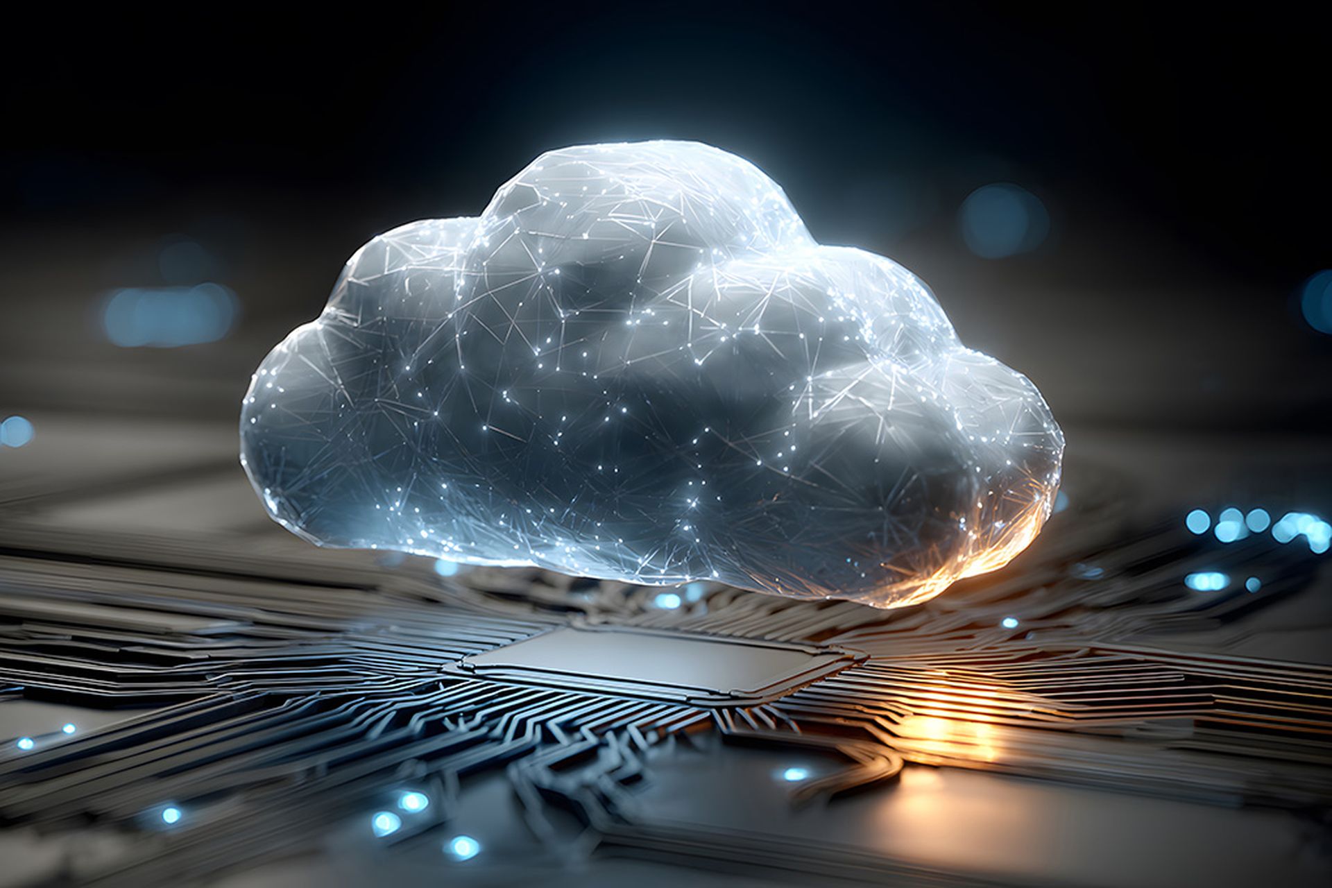 A luminous 3D cloud icon, composed of interconnected lines and glowing nodes, hovers above a detailed circuit board. The circuit board features intricate pathways and a central processor chip, illuminated by subtle blue and orange lights. The background is dark with soft, out-of-focus blue bokeh lights, creating a sense of depth and a futuristic atmosphere.