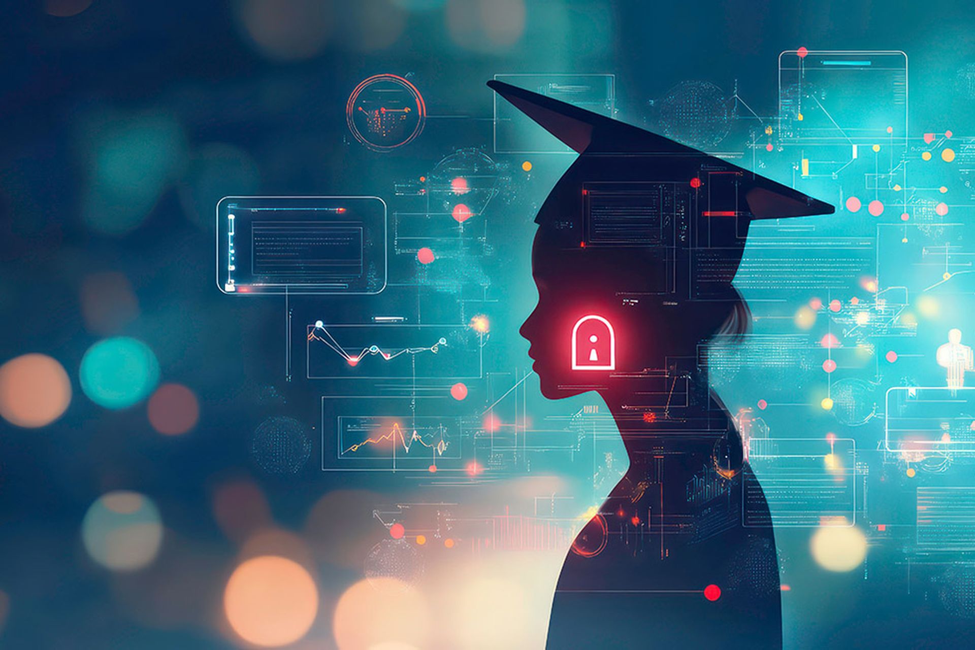 Silhouette of a graduate with a padlock symbol on their chest, representing data security and privacy.