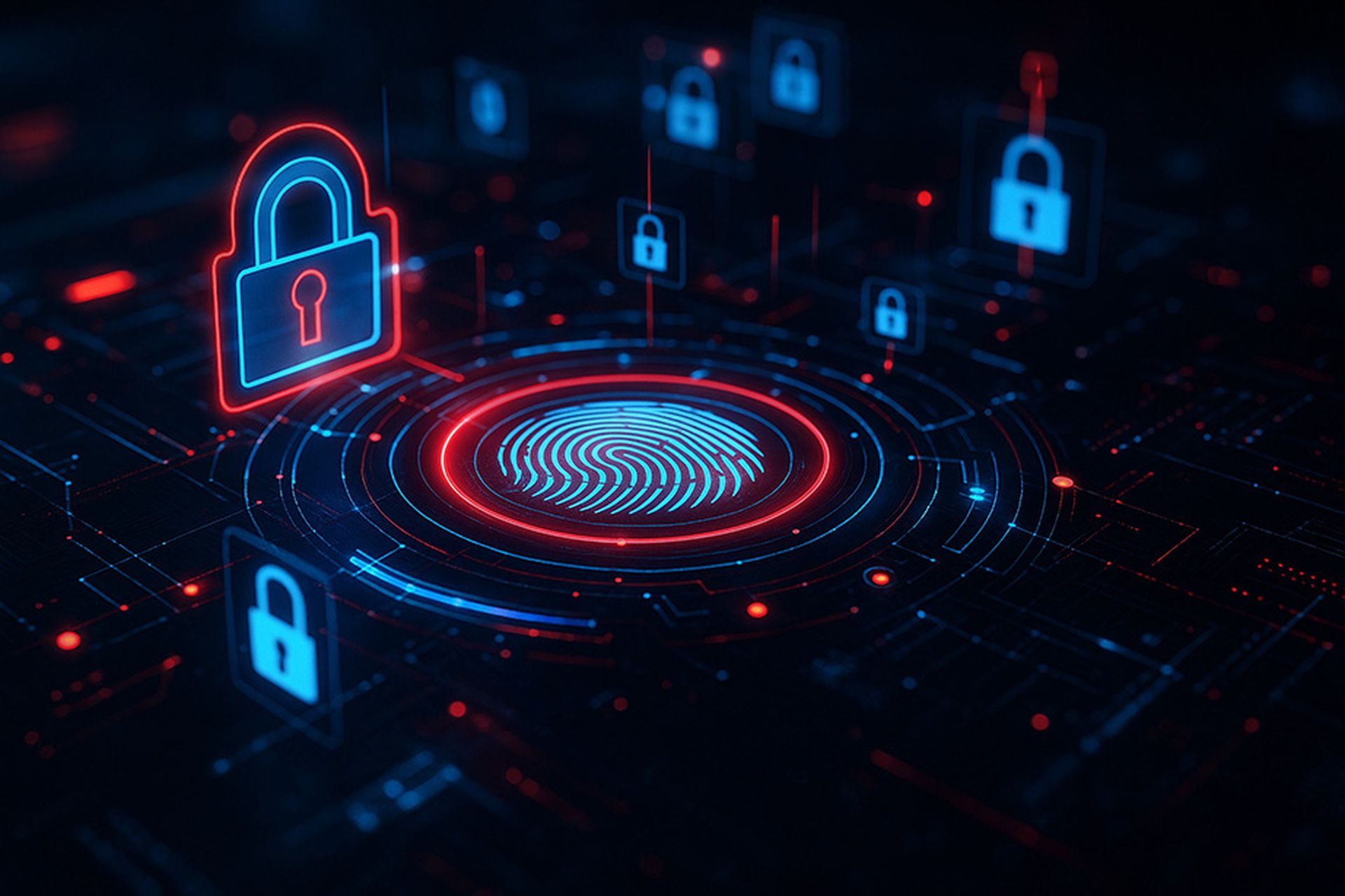 AI generated glowing fingerprint hologram with padlock icons and circuit design symbolizing biometric authentication data protection and cybersecurity in futuristic digital technology