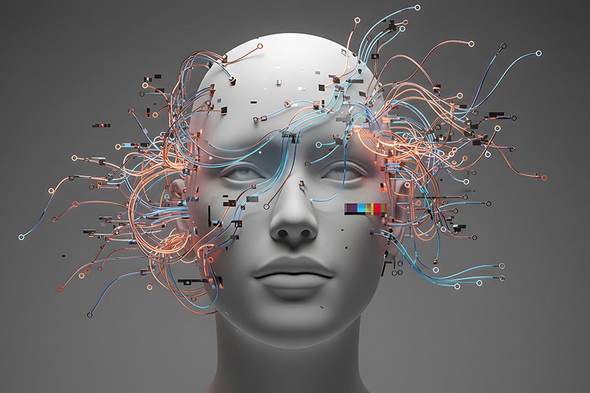 A hyper realistic mannequin head with detailed skin texture, overlaid with glitching electronic wires and data streams. Concepts for AI, robotics, cyborg, technology, futuristic