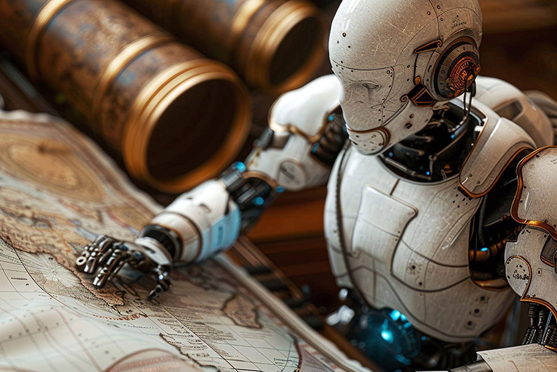 A futuristic white robot with copper detailing carefully analyzes and traces routes on an antique cartographic map.