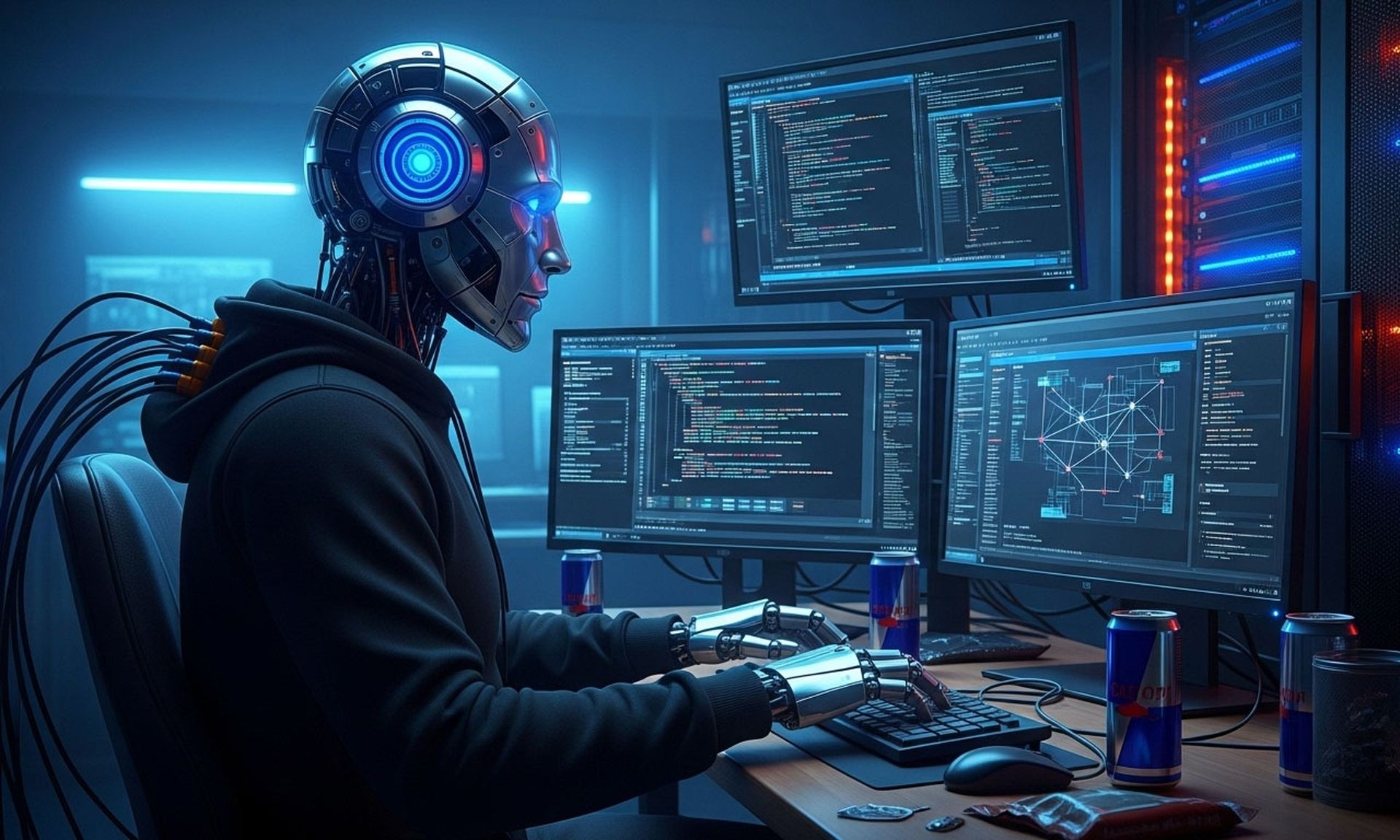 A robot pen tester sits in front of several computer screens, hoodie on, several cans of energy drinks on the desk.