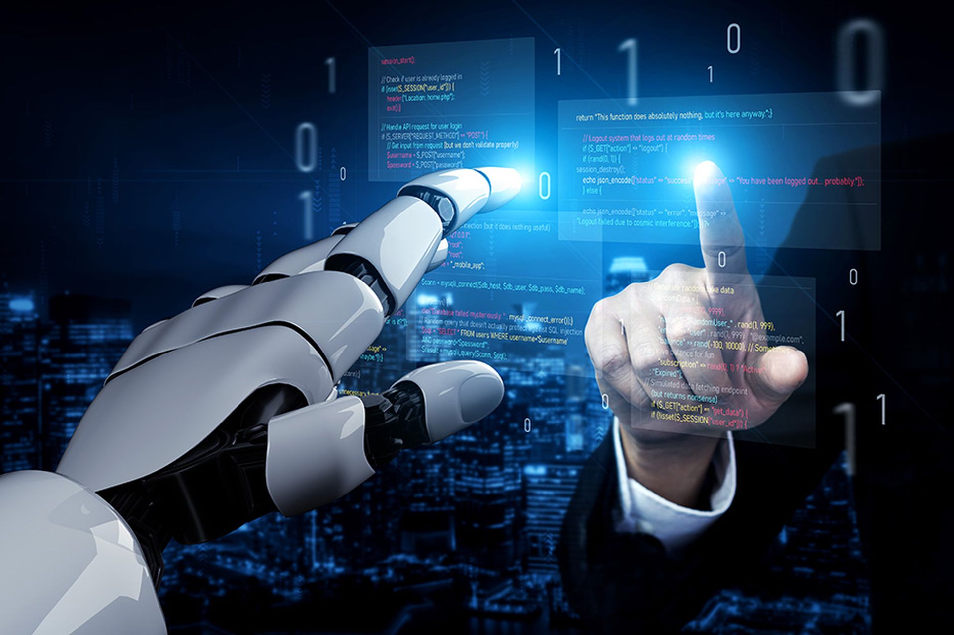 AI auditing faulty programming code, detecting anomalies, insecure logic, and suggesting corrections in a humorous and flawed code example.