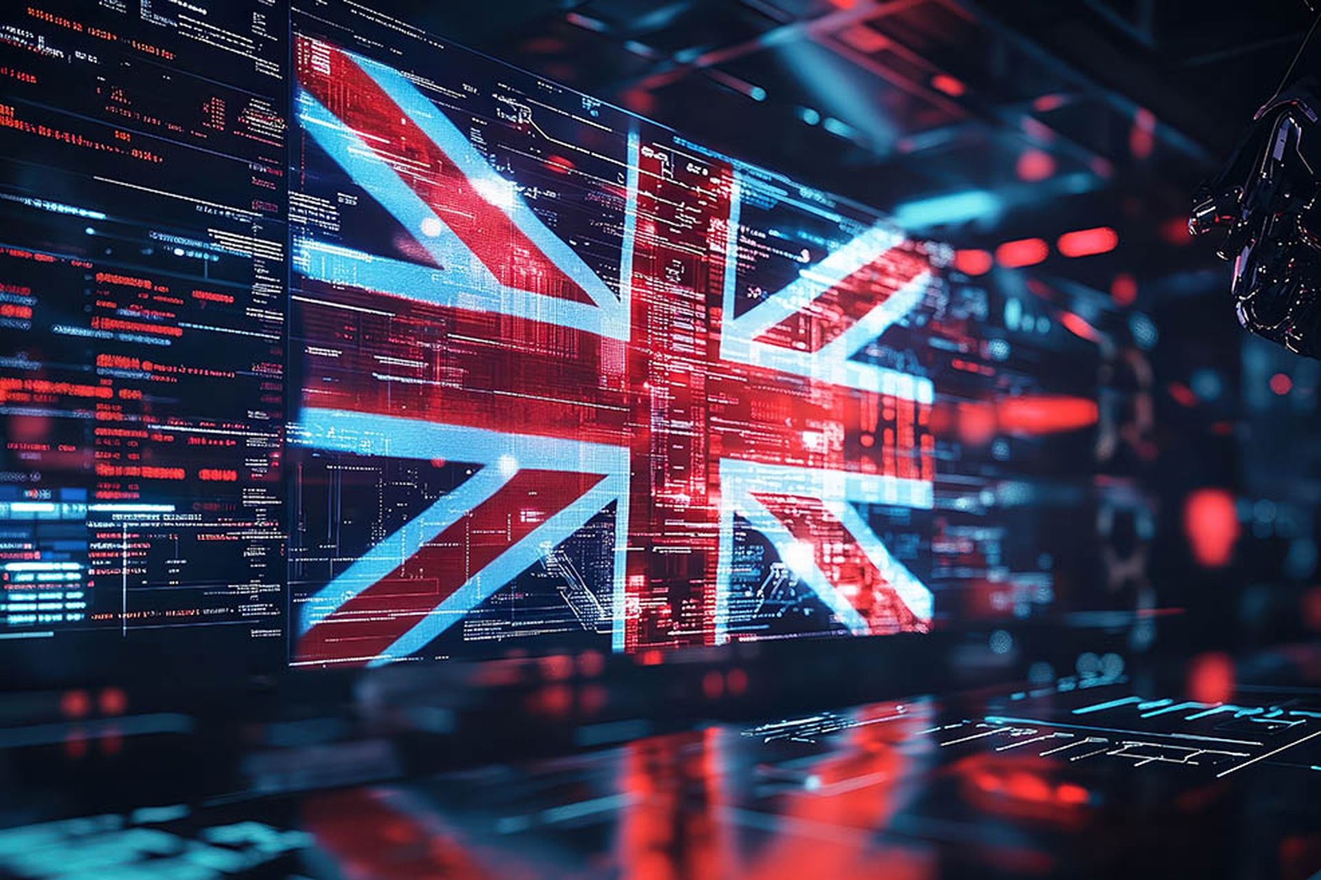 British digital flag in futuristic cyber background, tech interface with glowing lights, innovation and national data concept