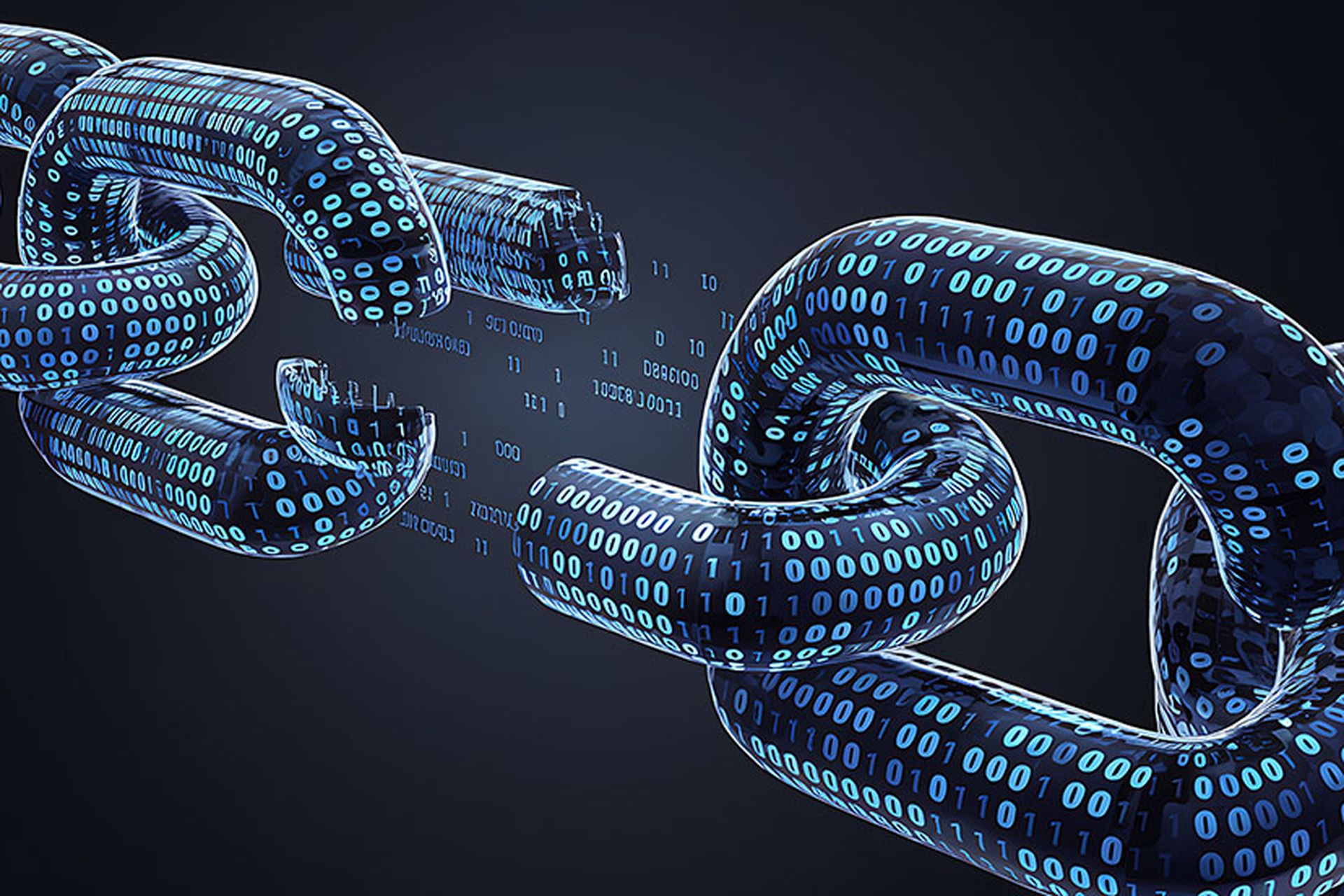 A 3D rendering shows a chain of binary code links breaking apart, symbolizing a data breach or cybersecurity vulnerability.