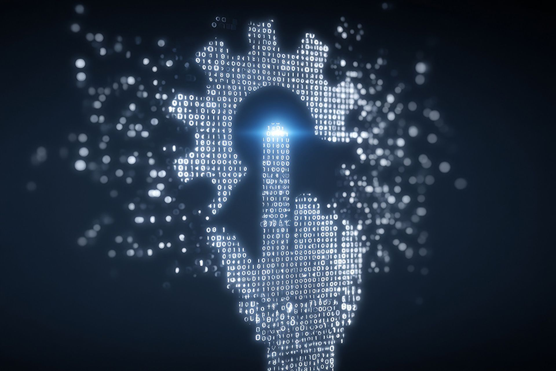 Digital transformation and the metaverse are exemplified by the image of a hand touching a modern interface with a futuristic blue gear and binary code background