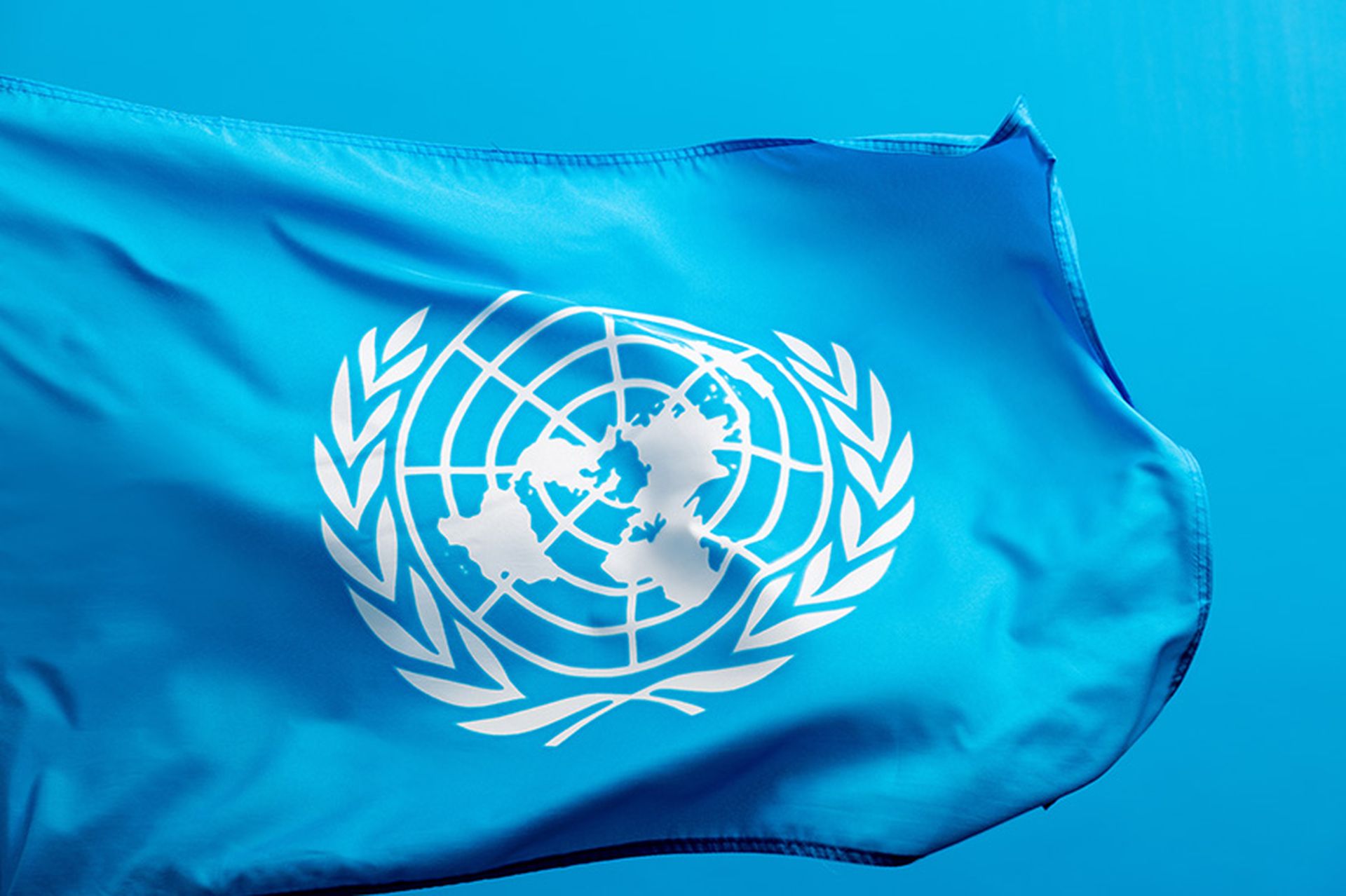 United Nations flag blowing in the wind.