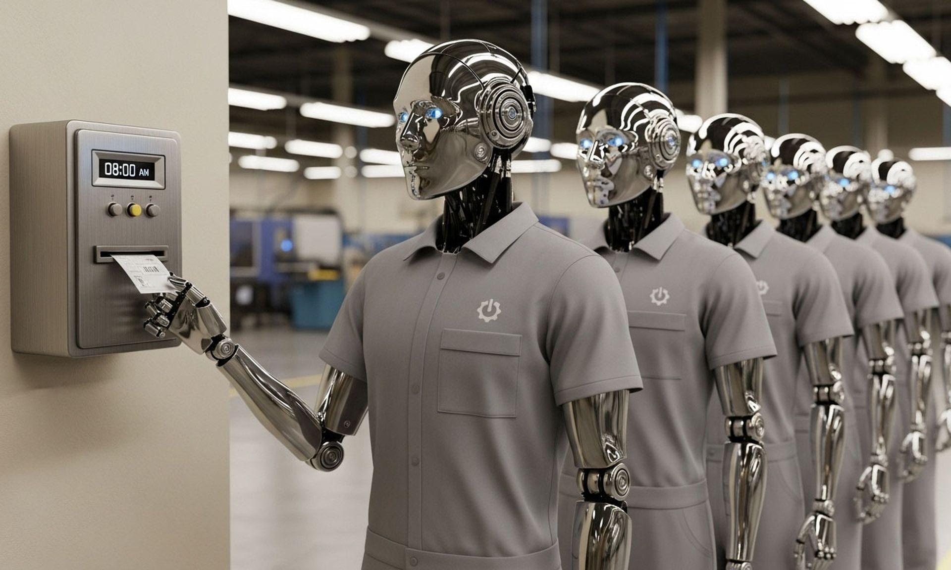 Androids waiting in line to punch the clock in a workplace.