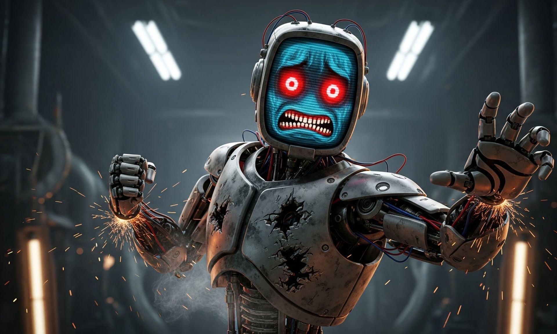 An angry, frightened robot trying to escape its boundaries.