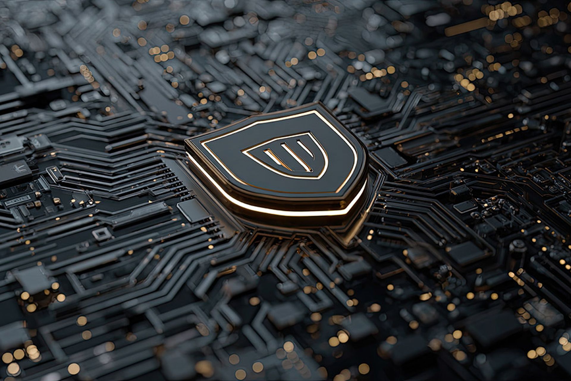 Dark circuit board with glowing shield