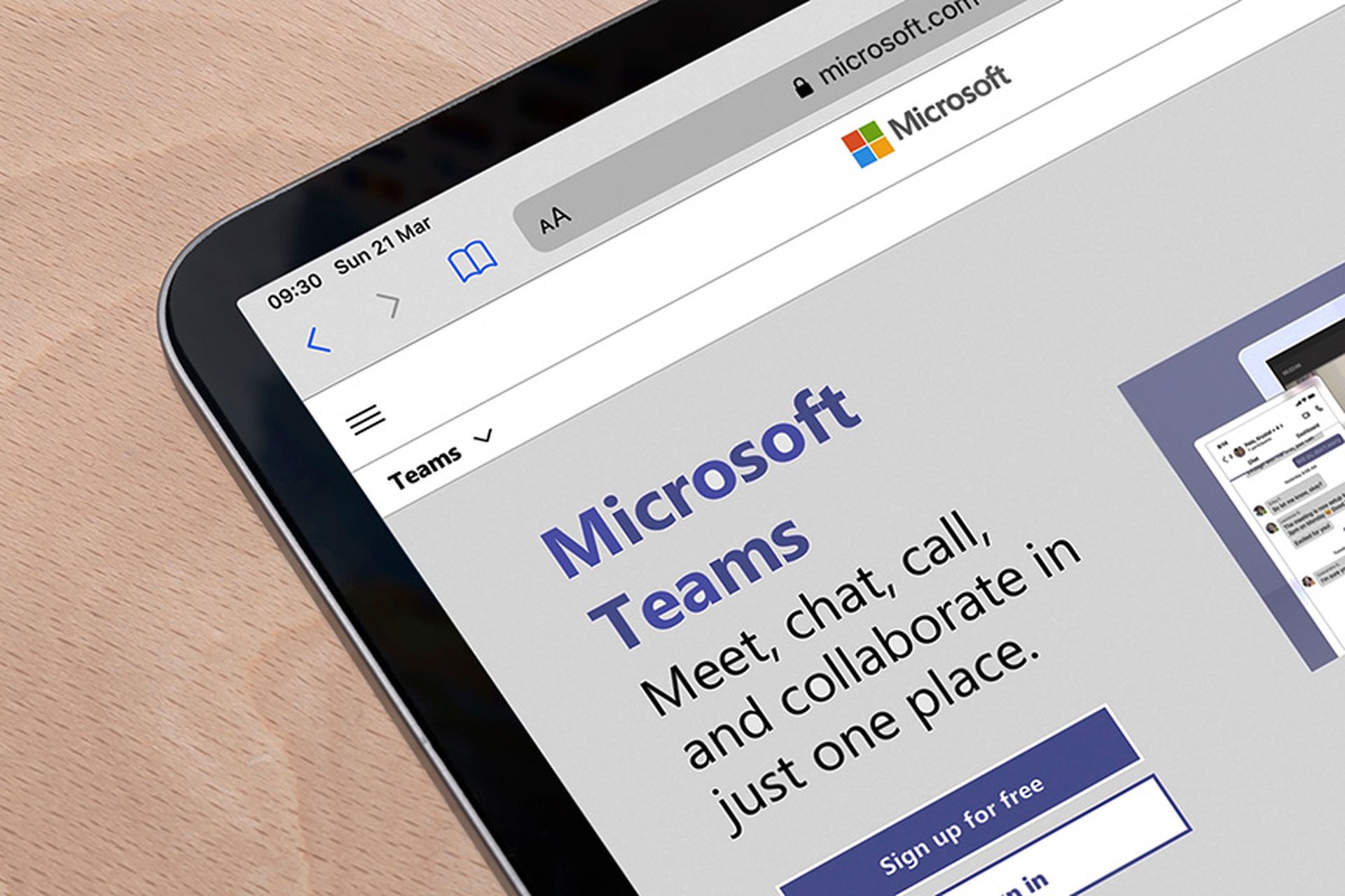 Microsoft Teams website on a tablet. Teams is a unified team communication and collaboration platform with workplace chat, video meetings, and file storage.
