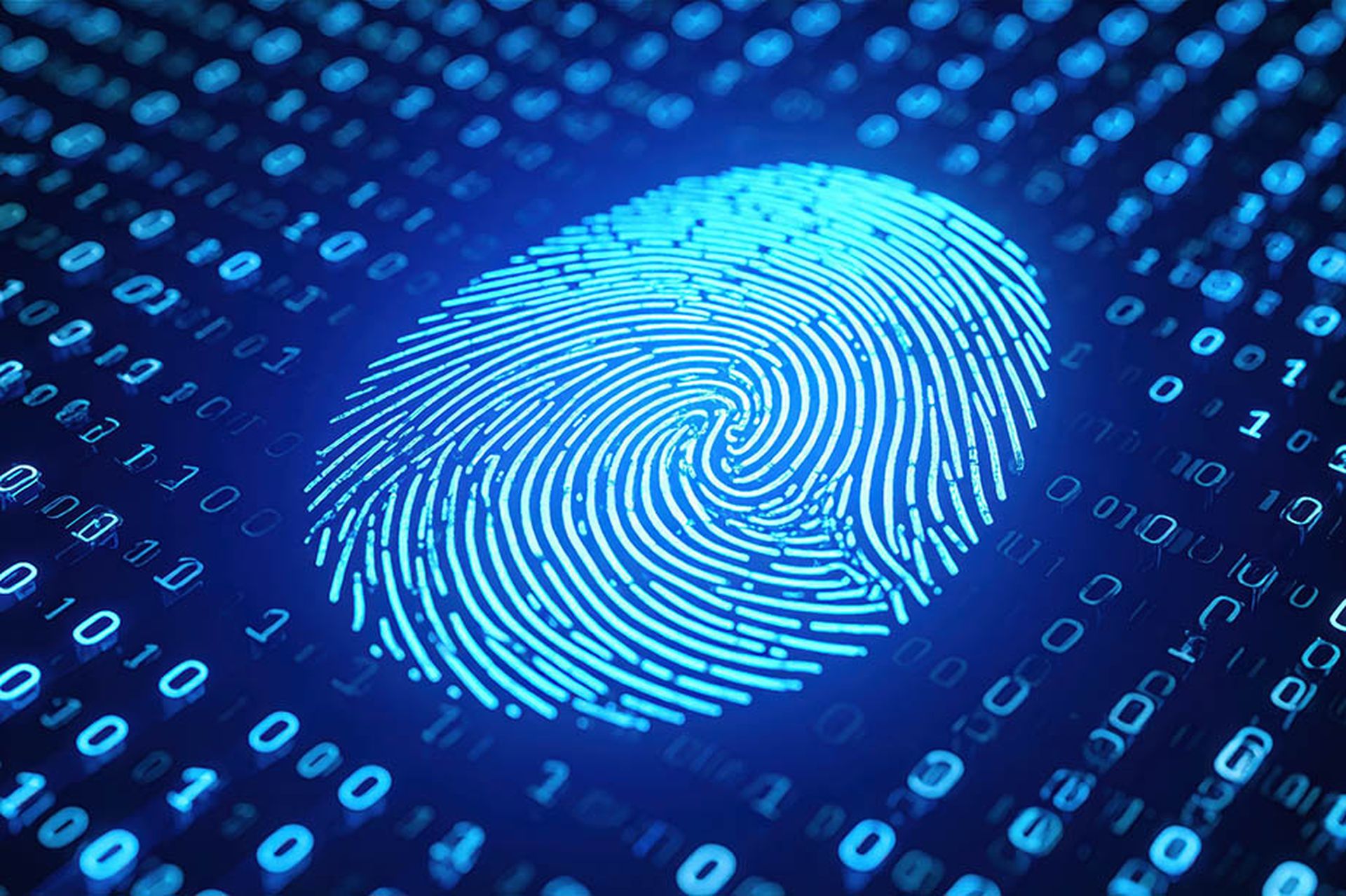 Digital fingerprint overlaid on a matrix of binary code, symbolizing security and identity verification