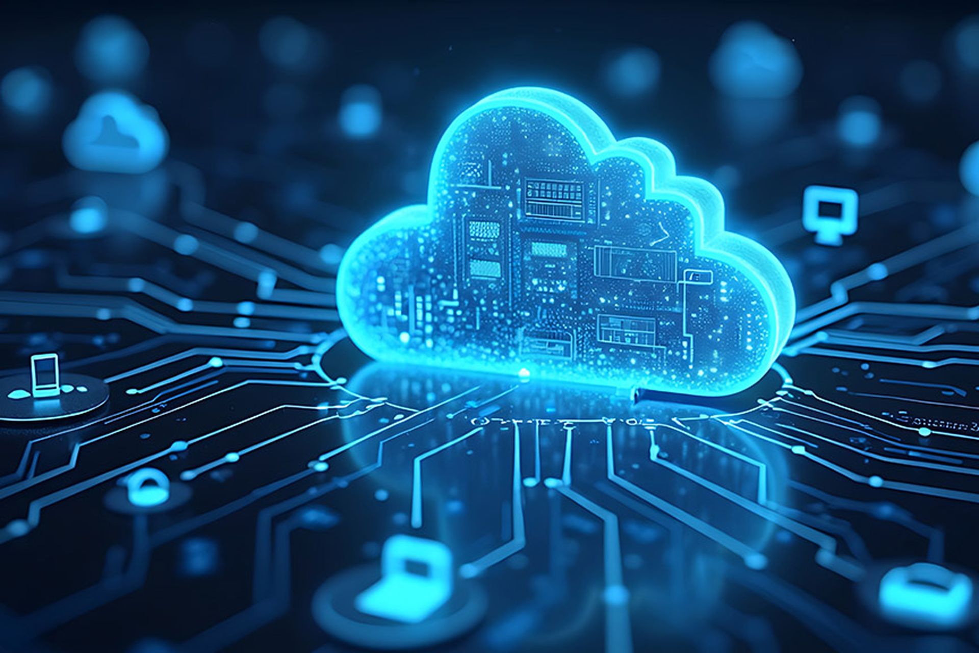 A cloud computing technology concept illustrates the delivery of computing services over the internet, enabling flexible resources, scalable solutions, enhanced collaboration for users and businesses.