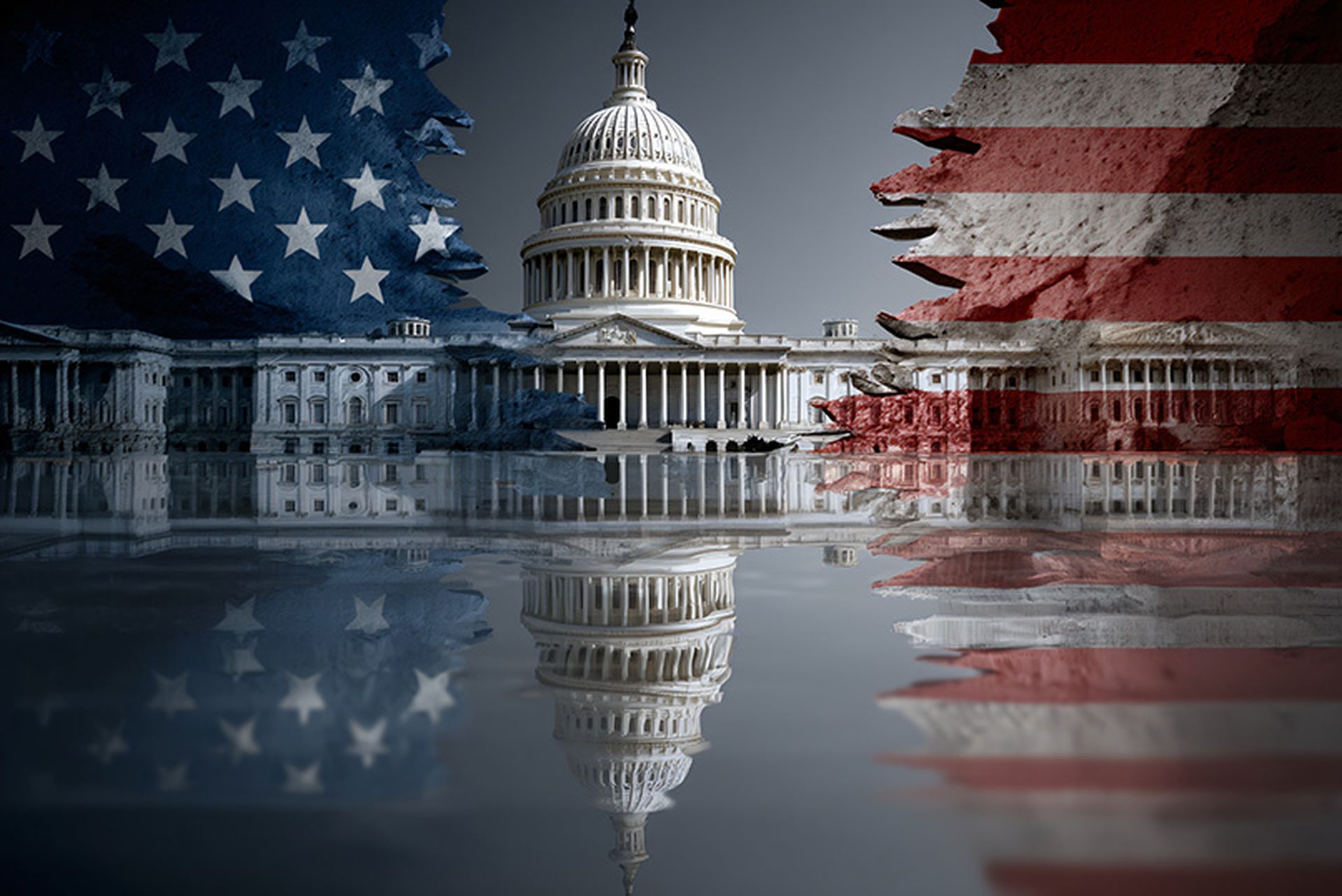US Capitol Building Divided Crumbling American Flag Reflection