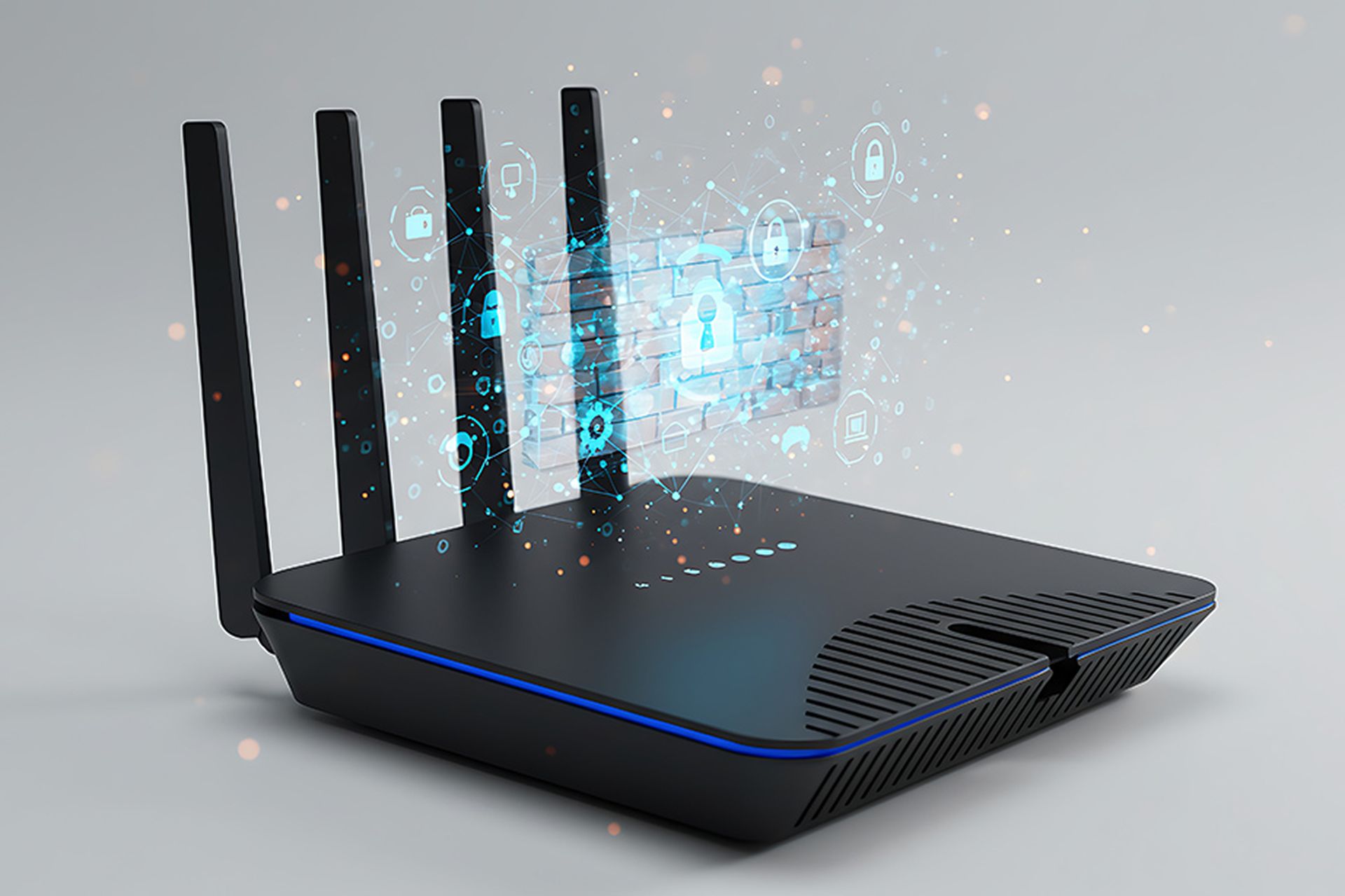 Smart home router glowing with firewall hologram