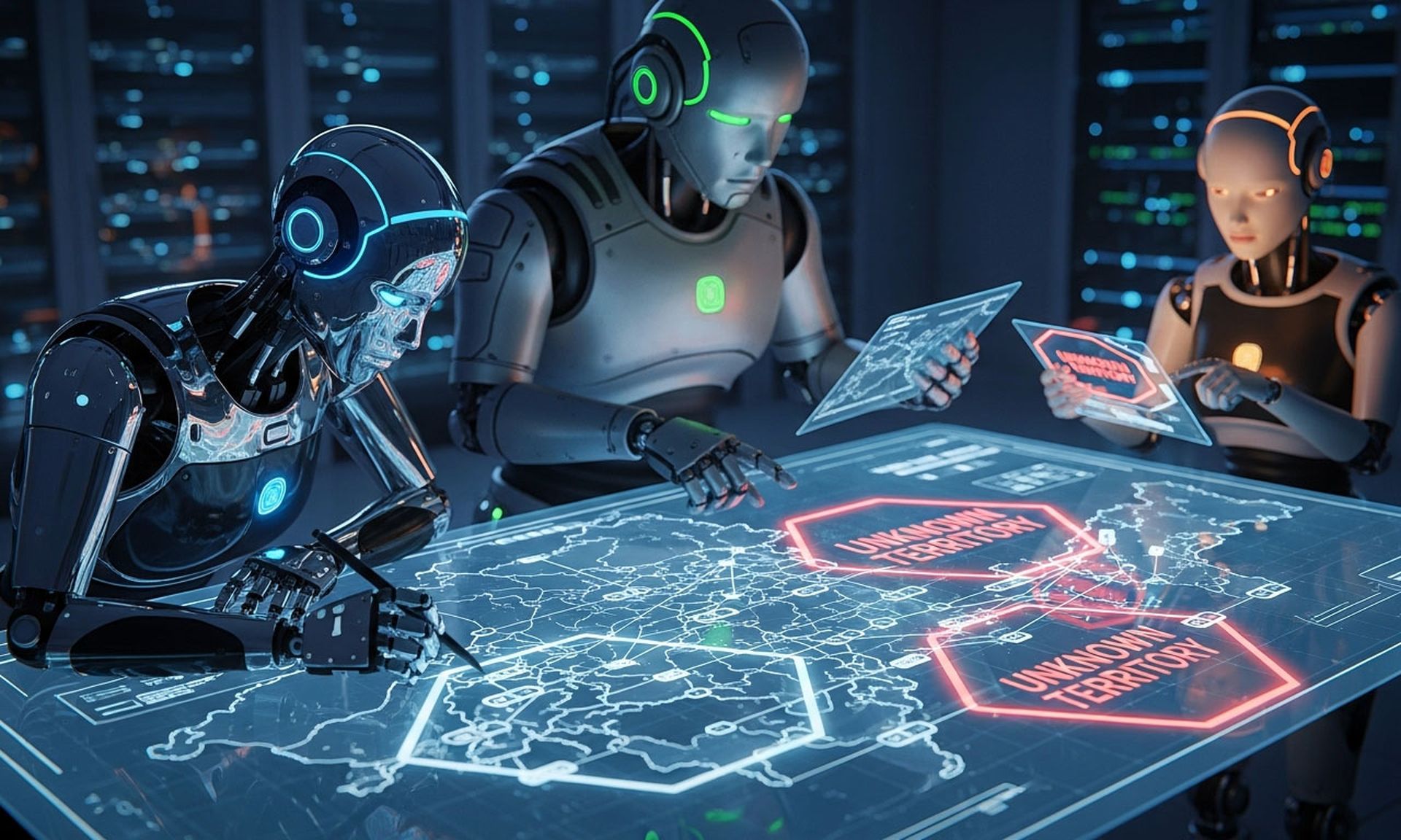 Humanoid robots looking over a network map, trying to fill in blank spaces.