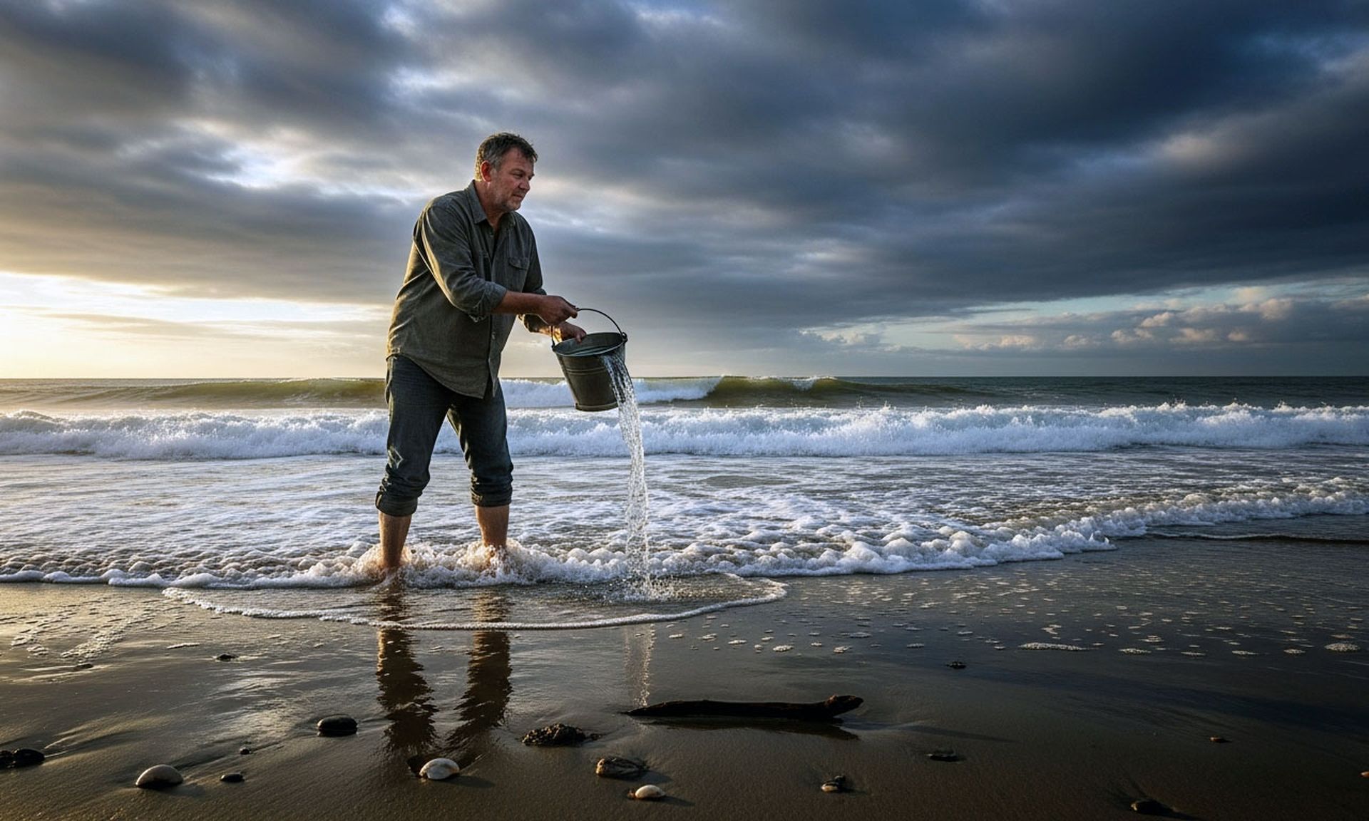 A man standing on a beach, holding a bucket and trying to bail out the ocean.