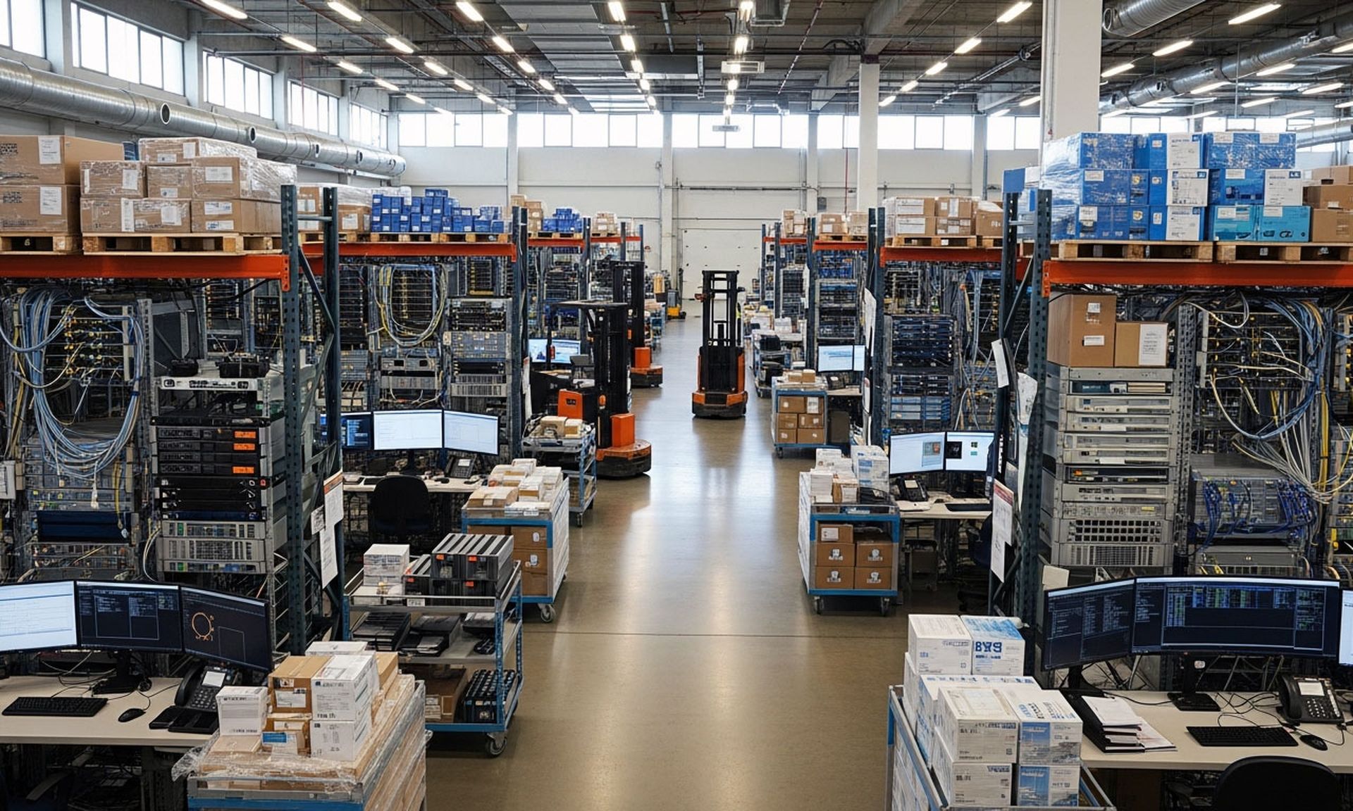 Interior of a giant warehouse full of computer servers, endpoints, software packages and networking devices.