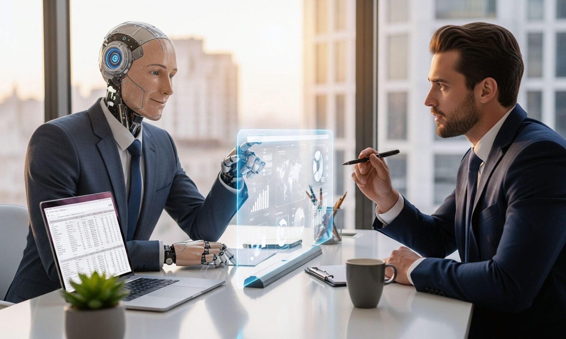 A friendly, hard-working android working alongside a human at a white-collar desk job.