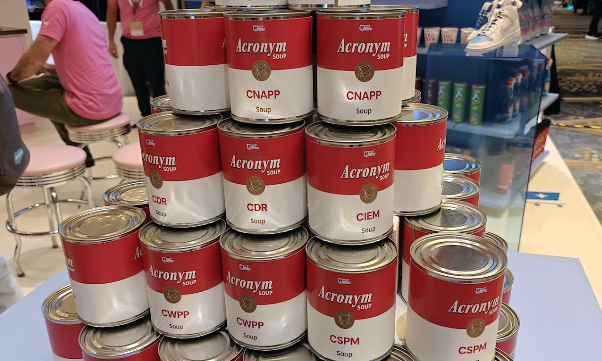 Fake cans of Campbell's Soup relabeled as 'Acronym Soup' with flavors like 'CNAPP' and 'CSPM.'