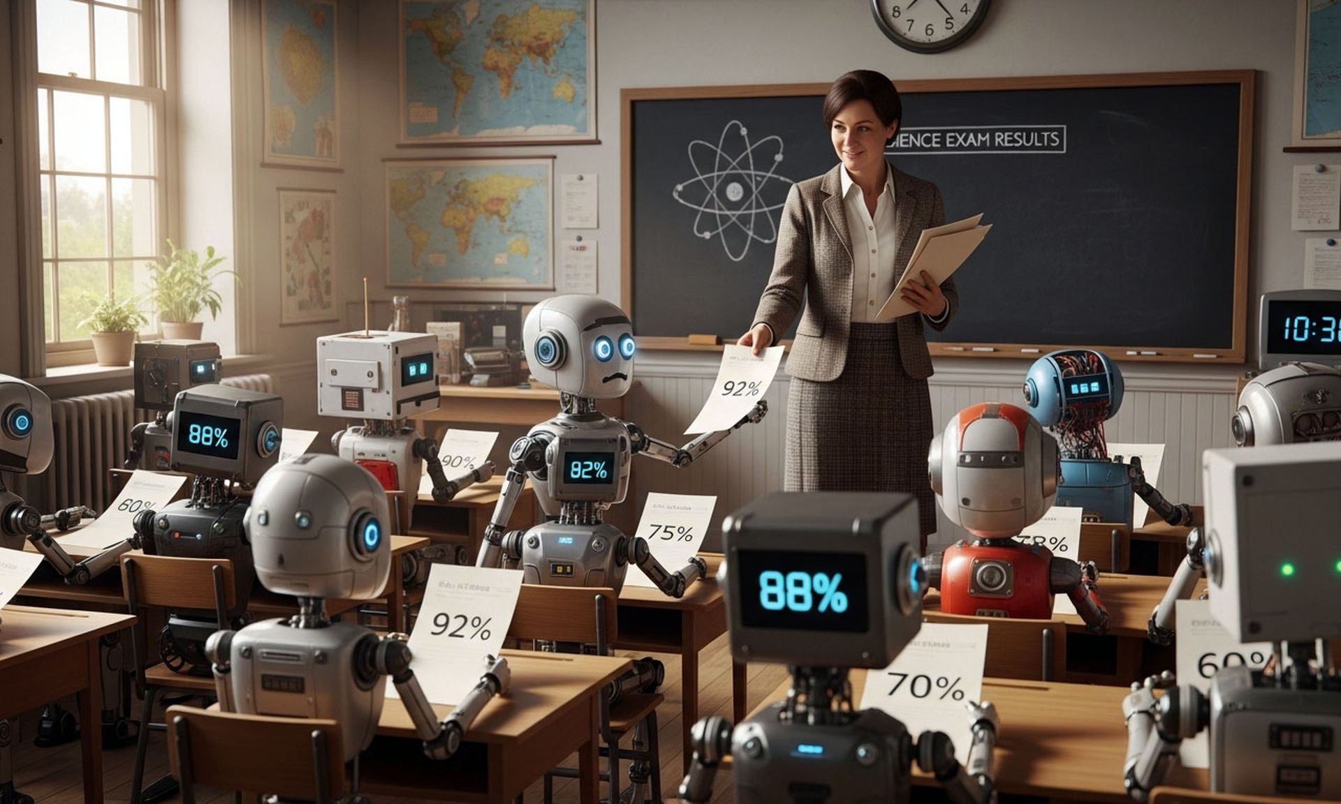 A teacher passes out exam grades to a classroom full of robot schoolchildren.