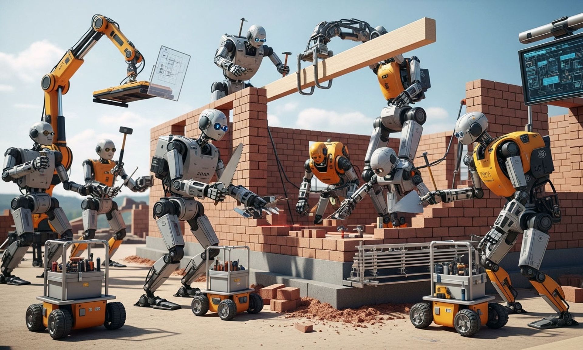 Robot workmen carefully building a brick house.