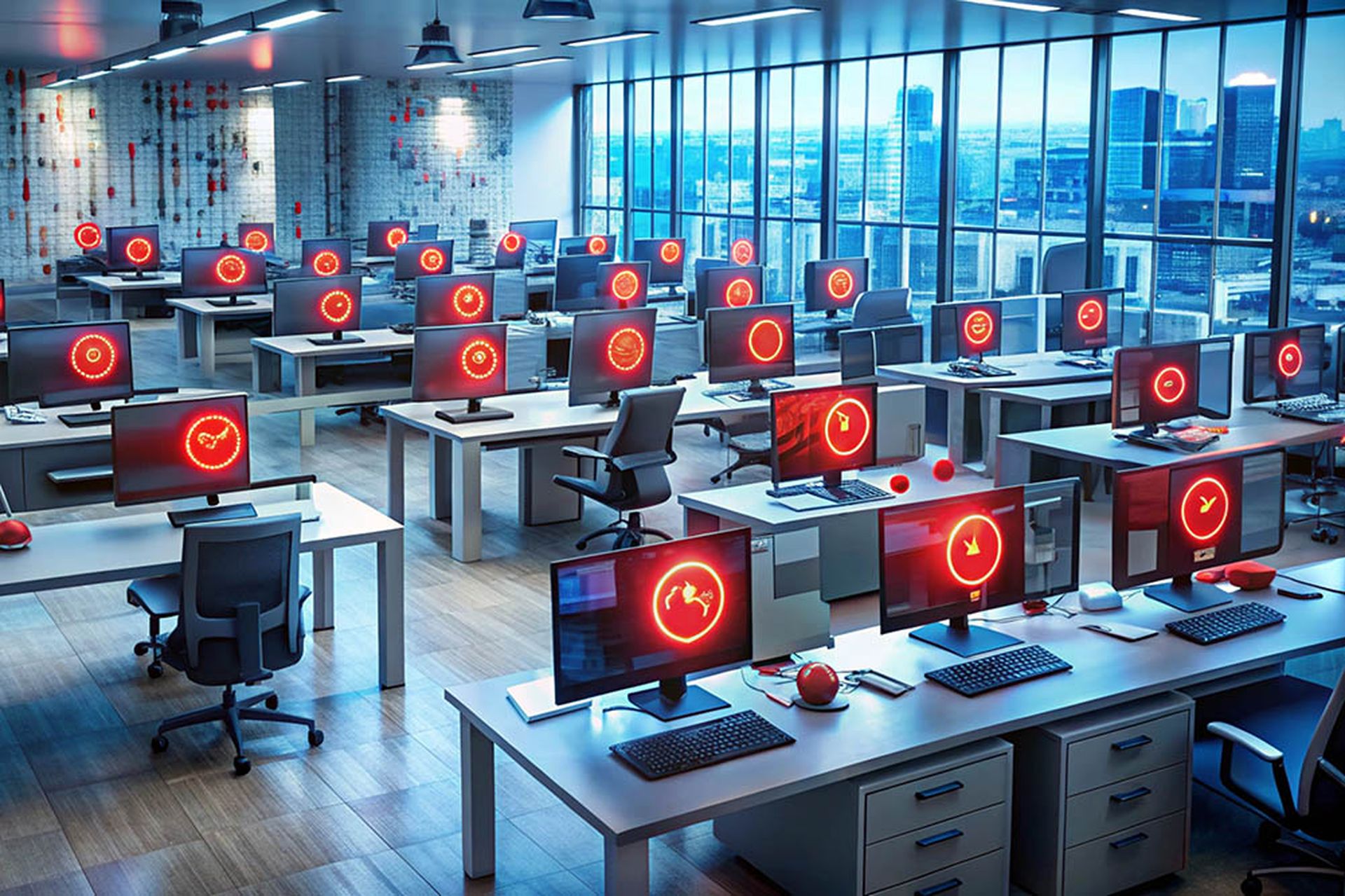 Visual Representation of a Cybersecurity Breach with Red Alarms and Warnings for Enhanced Awareness