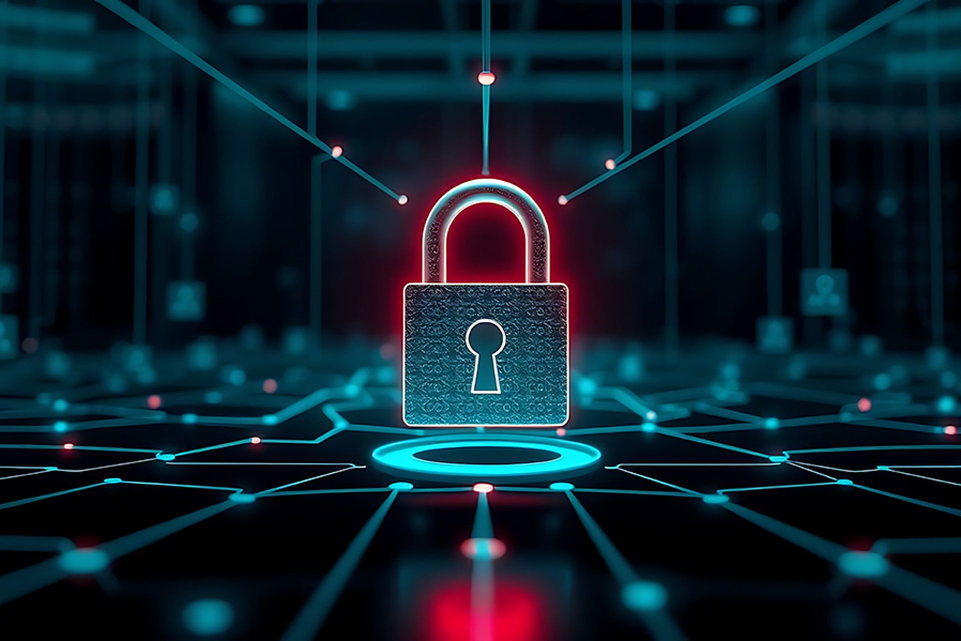 A digital padlock hovers above a glowing circuit board, symbolizing cybersecurity and data protection in the digital age, with intricate connections and a futuristic aesthetic