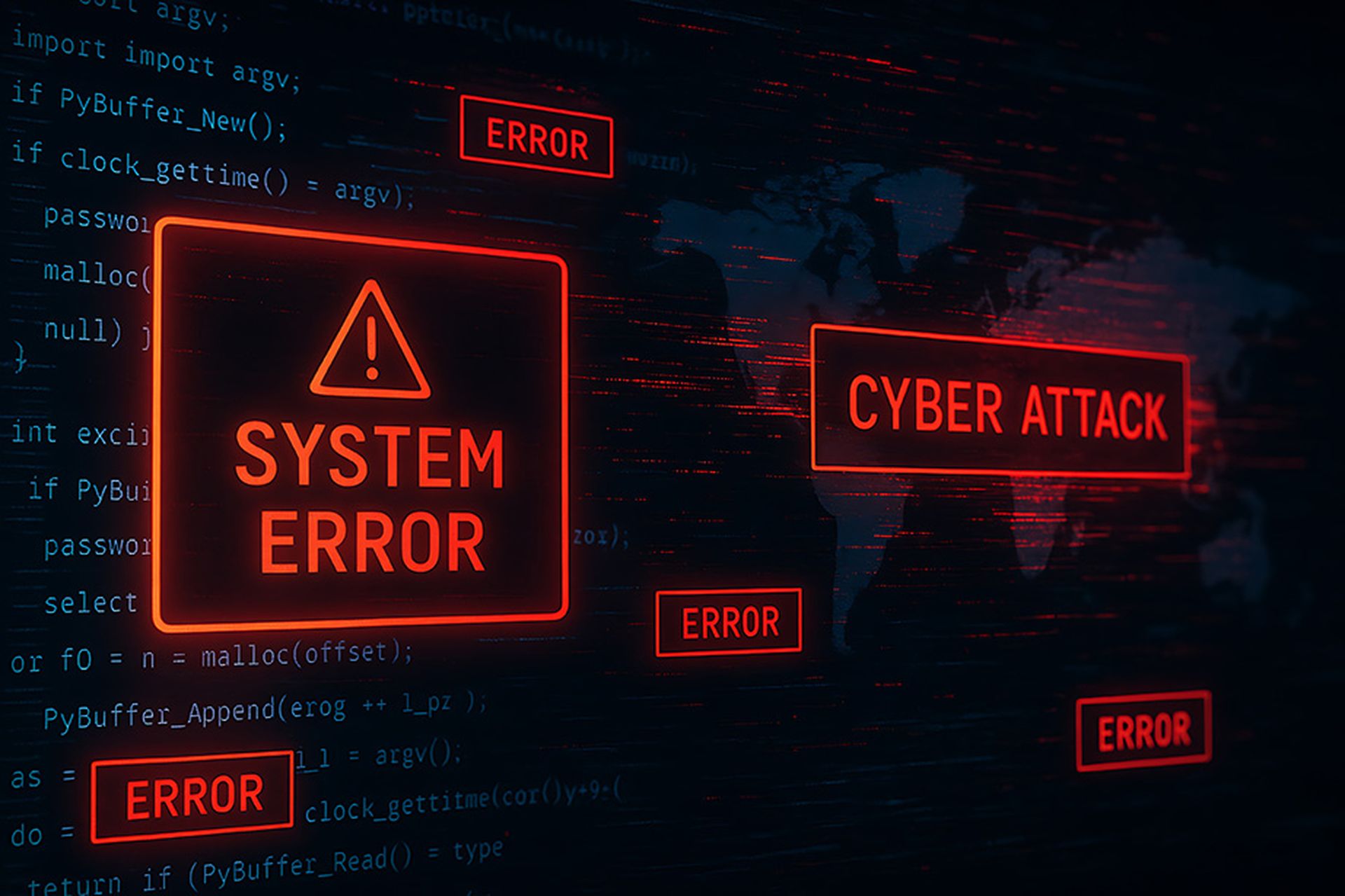 Digital computer screen with system error messages and cyber attack warning representing online hacking and data breach