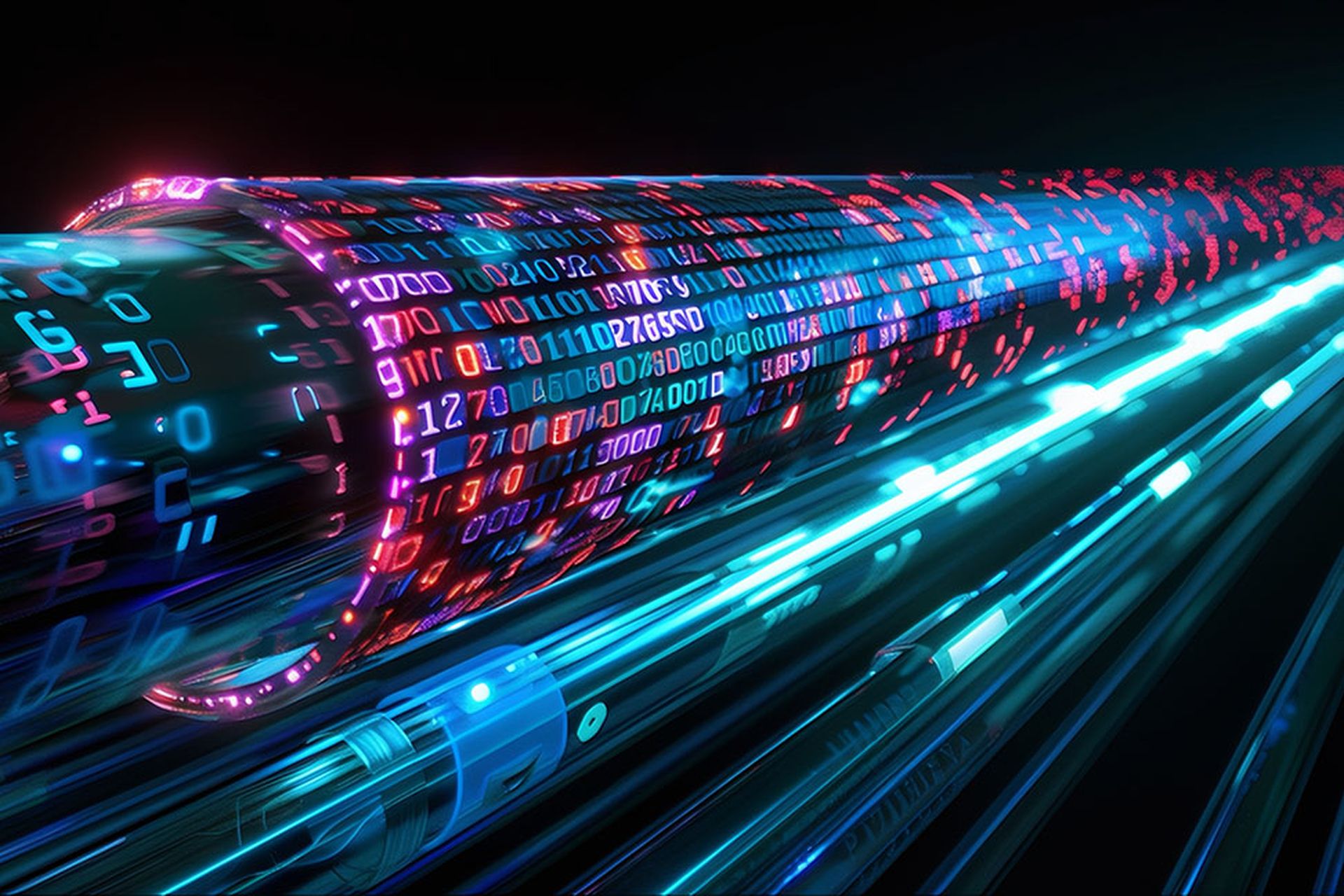 Data transfer high speed data network binary code, ai automation, cybersecurity background. Data transmission through a fiber optic cable cyber design, parallel track universe. Binary tube tunnel.